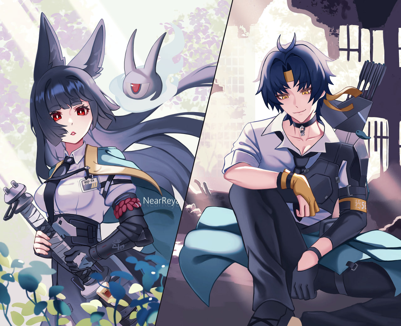 by nearreya, asaba harumasa, hoshimi miyabi, tailless (zenless zone zero), zenless zone zero, commentary, english commentary, 1boy, 1girl, animal ear fluff, animal ears, aqua jacket, arm out of sleeve, arrow (projectile), artist name, asymmetrical gloves, black choker, black gloves, black hair, black necktie, black pants, black shoes, black skirt, blunt bangs, breasts, choker, closed eyes, collarbone, fingerless gloves, fox ears, fox girl, gauntlets, gloves, grass, half gloves, headband, high-waist skirt, holding, holding sword, holding weapon, id card, jacket, katana, knee up, long hair, looking at viewer, looking down, medium breasts, necktie, open mouth, outdoors, pants, parted bangs, partially fingerless gloves, pendant choker, quiver, red eyes, sheath, shirt, shoes, short hair, single fingerless glove, single gauntlet, single half glove, sitting, skirt, split screen, sword, uneven gloves, weapon, white shirt, yellow eyes, yellow gloves, yellow headband