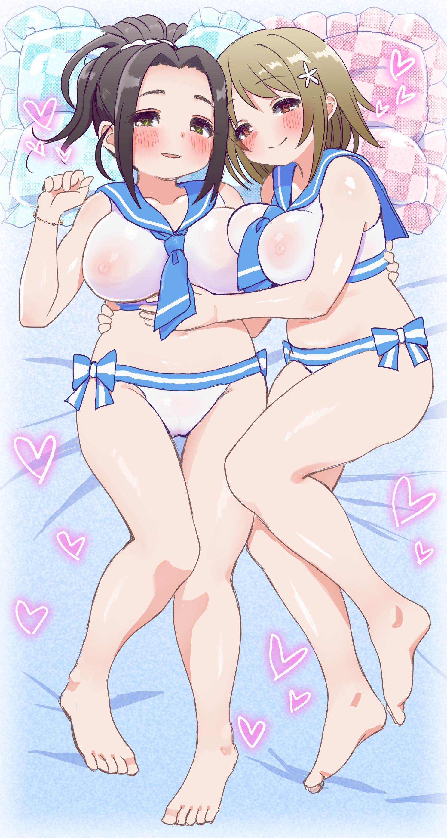 kotaro, ebihara naho, mimura kanako, idolmaster, idolmaster cinderella girls, absurdres, commentary request, commission, highres, large variant set, skeb commission, variant set, 2girls, belly, bikini, black hair, blue sailor collar, blush, bracelet, breasts, brown eyes, brown hair, covered erect nipples, curvy, green eyes, half-closed eyes, heart, jewelry, large breasts, lying, multiple girls, naughty face, on back, pillow, ponytail, sailor bikini, sailor collar, smile, swimsuit, thigh gap, white bikini