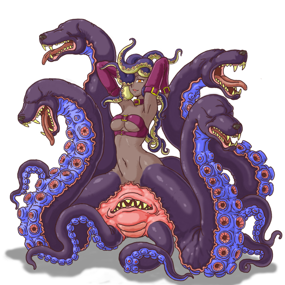 artist request, breasts, cleavage, dark skin, detached sleeves, fangs, hair over one eye, monster girl, navel, orange eyes, scylla, simple background, tentacles