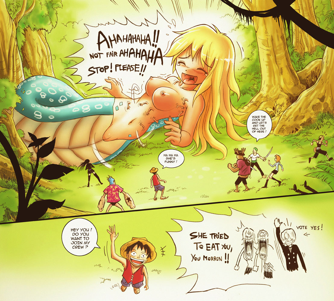 karbo, franky (one piece), monkey d. luffy, nico robin, roronoa zoro, sanji (one piece), tony tony chopper, usopp, one piece, bad tag, english, nami, hard-translated, translated, blush, breasts, engrish, hana hana no mi, lamia, monster girl, pussy, ranguage, smile, style clash, tickling, uncensored