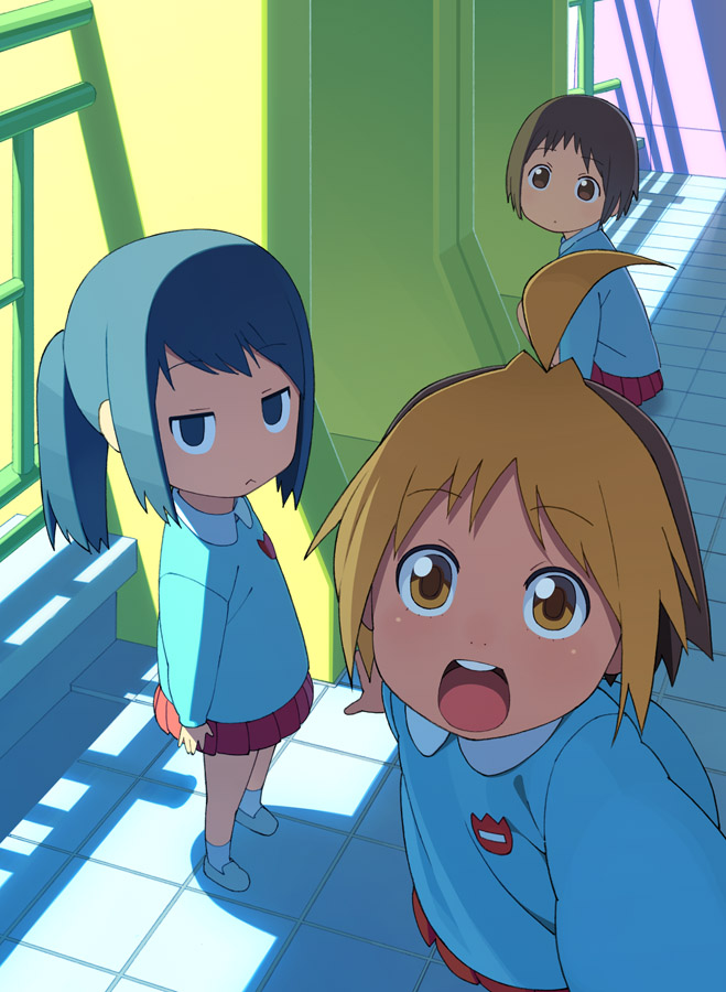 go robots, anzu (hanamaru youchien), hiiragi (hanamaru youchien), koume (hanamaru youchien), hanamaru youchien, 3girls, :<, ahoge, black hair, blonde hair, brown hair, child, colored bangs, kindergarten, multiple girls, open mouth, school, school uniform