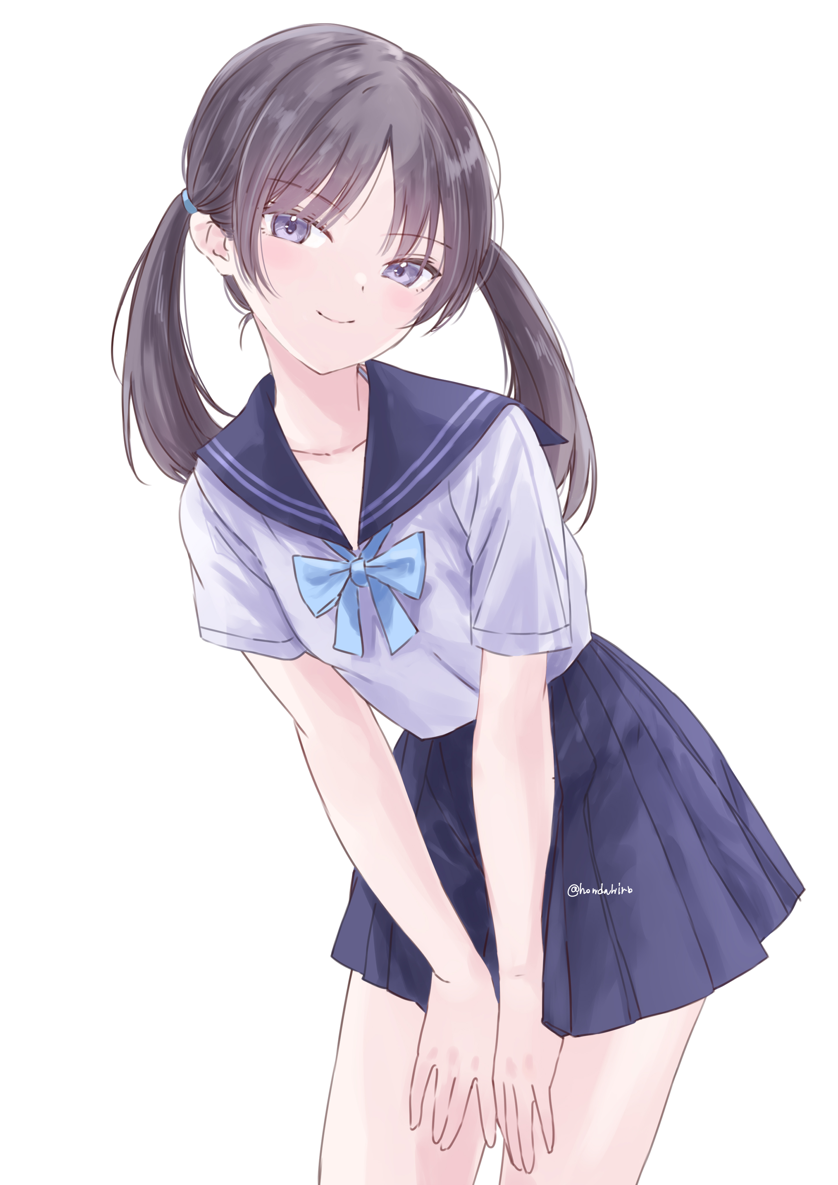 hondahiro, original, absurdres, highres, 1girl, black hair, blue bow, blue bowtie, blue eyes, blue skirt, blush, bow, bowtie, closed mouth, collarbone, long hair, looking at viewer, sailor collar, school uniform, shirt, short sleeves, simple background, skirt, smile, solo, twintails, white background, white sailor collar, white shirt