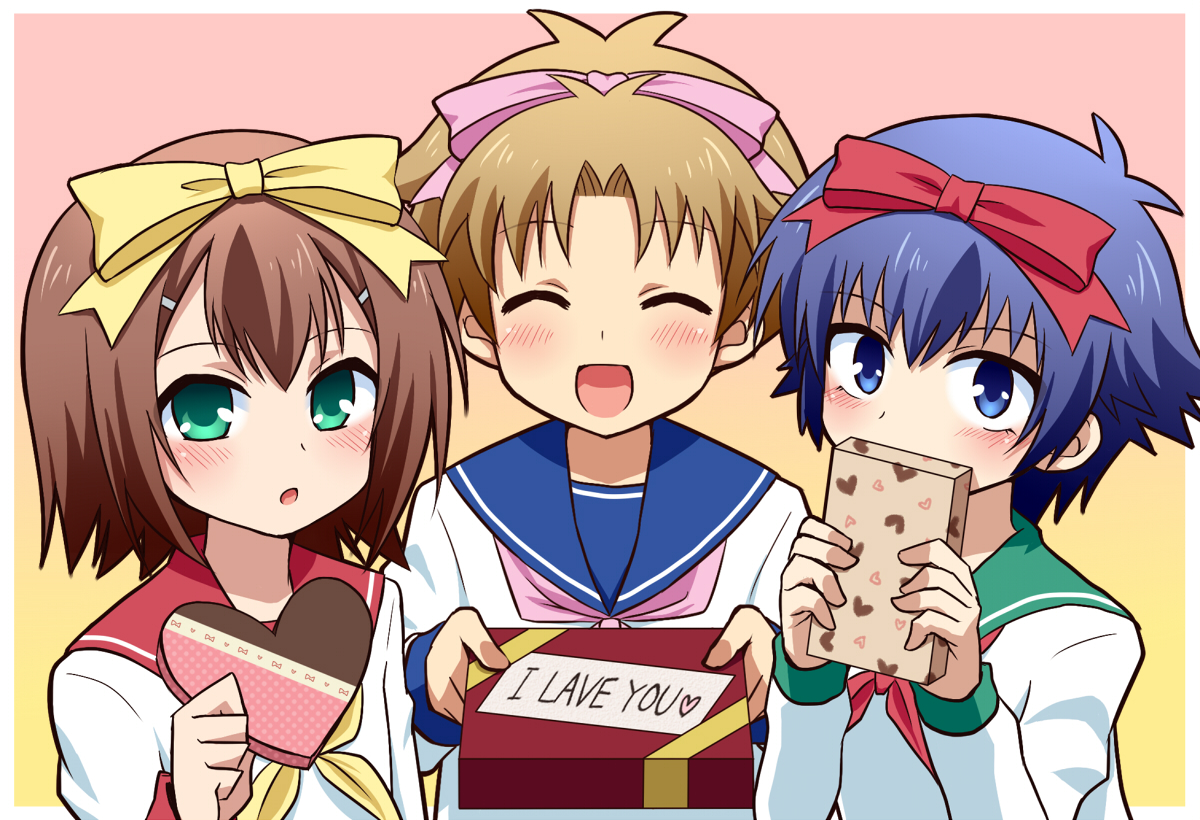 komeko5, kinoshita hideyoshi, tsuchiya kouta, yoshii akihisa, baka to test to shoukanjuu, 3boys, blue eyes, blue hair, blush, bow, brown hair, chocolate, closed eyes, crossdressing, crossdressing (mtf), english text, engrish text, gift, gradient background, green eyes, hair ornament, hairband, hairclip, harem, heart, holding, holding gift, incoming gift, male focus, multiple boys, ranguage, ribbon, school uniform, short hair, smile, trap, valentine