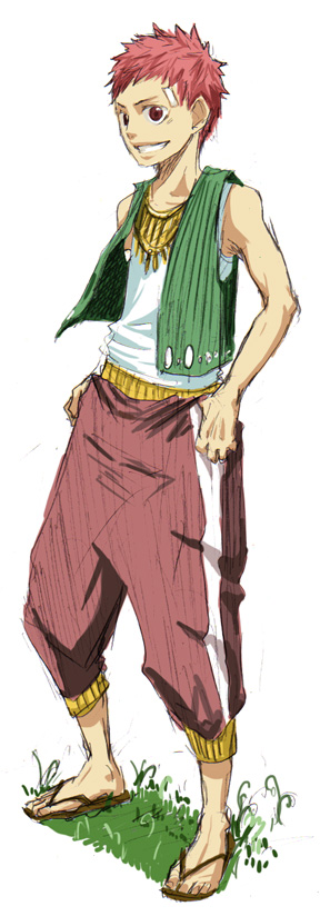 kyouno, long image, tall image, bandages, grin, male focus, pants, red eyes, red hair, sandals, smile, solo, vest