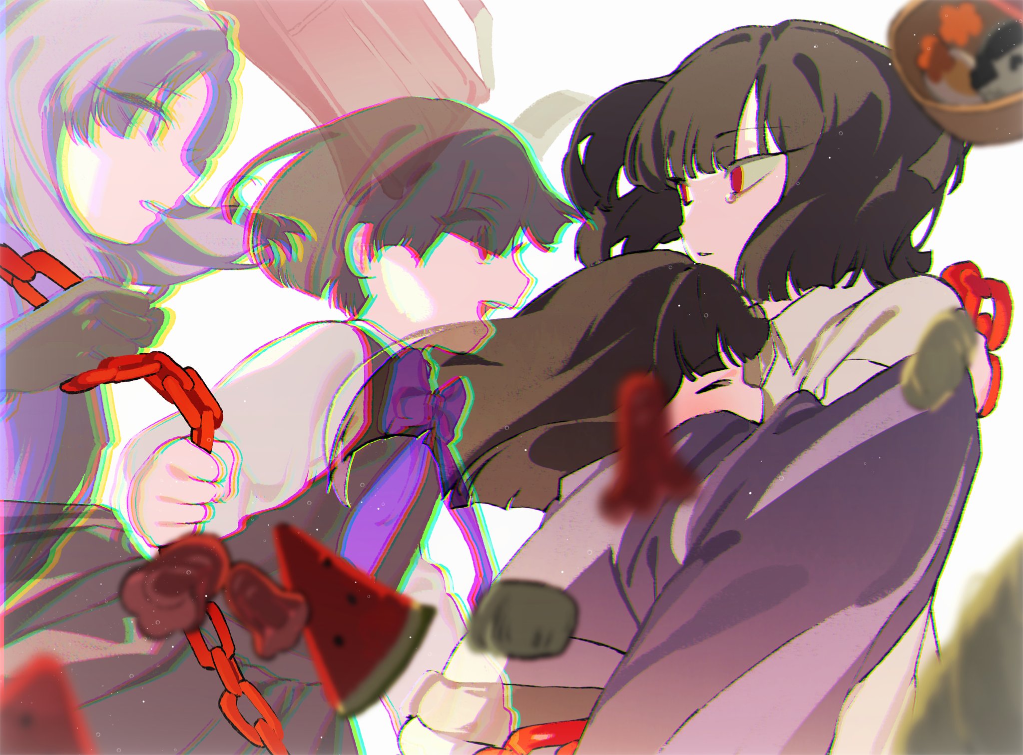 yongsadragon, araya (project moon), ryoshu (project moon), limbus company, project moon, commentary, english commentary, highres, spoilers, 2girls, age regression, aged down, black hair, bow, chain, holding, holding chain, hug, multiple girls, purple bow, red eyes, short hair, tearing up, wide sleeves