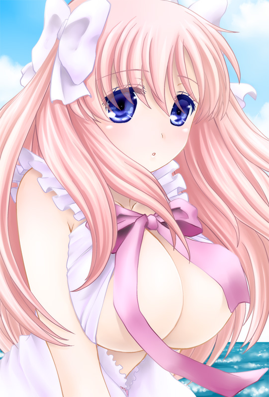 minyo, haramura nodoka, saki (manga), 1girl, blue eyes, breasts, censored, censored nipples, convenient censoring, female focus, hair ribbon, large breasts, pink hair, ribbon, solo, twintails