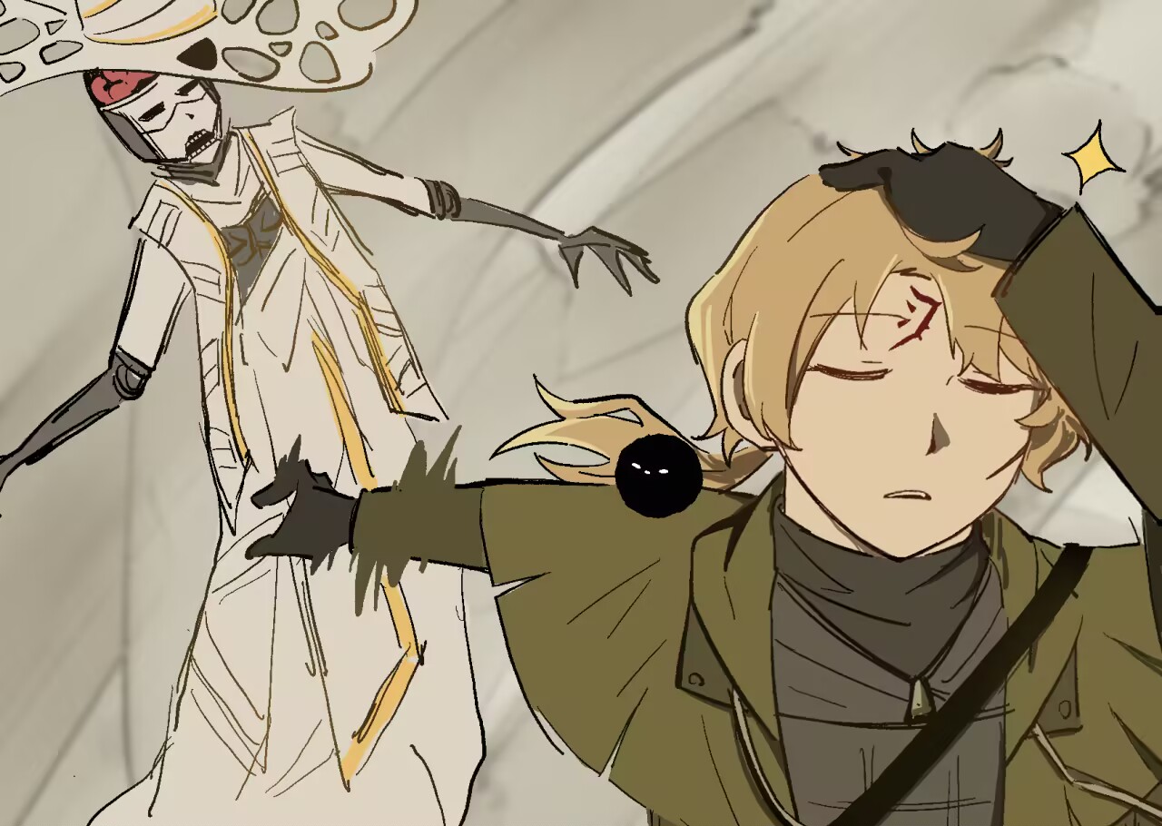 sinclair (project moon), limbus company, project moon, 2boys, a certain sinclair (project moon), bird, black bird, black gloves, blonde hair, callisto (project moon), closed eyes, closed mouth, coat, gloves, green coat, hand up, hat, jewelry, male focus, meme, mubzhmngdedngp1, multiple boys, naoya hitting choso without looking (meme), necklace, open mouth, parody, prosthesis, prosthetic arm, short hair, white hat