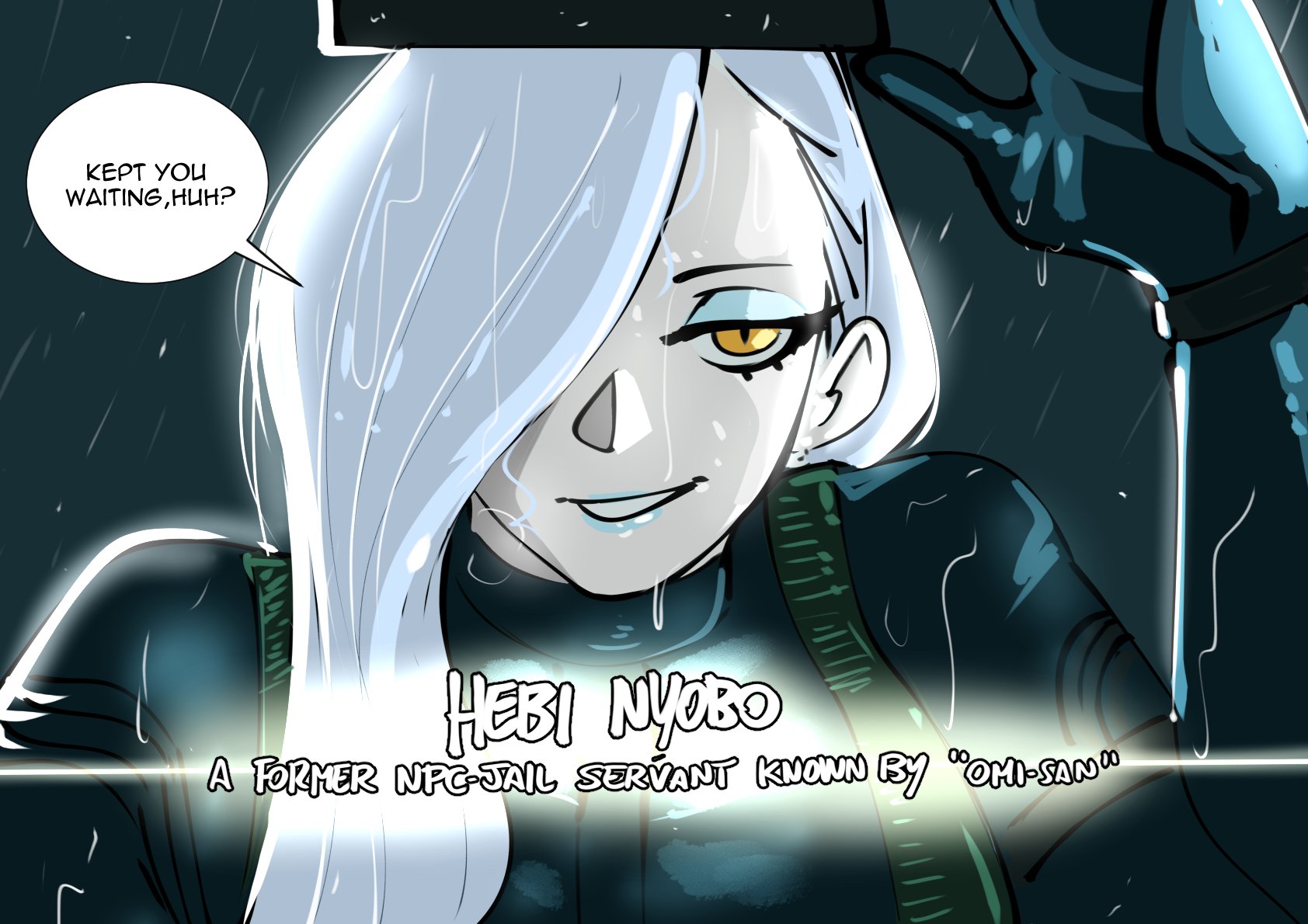 clinickcase, mrs. snake (fate), venom snake, fate/grand order, fate (series), metal gear (series), metal gear solid v: the phantom pain, commentary, english commentary, highres, 1girl, armor, black gloves, blue lips, english text, gloves, hair over one eye, long hair, slit pupils, white hair, yellow eyes