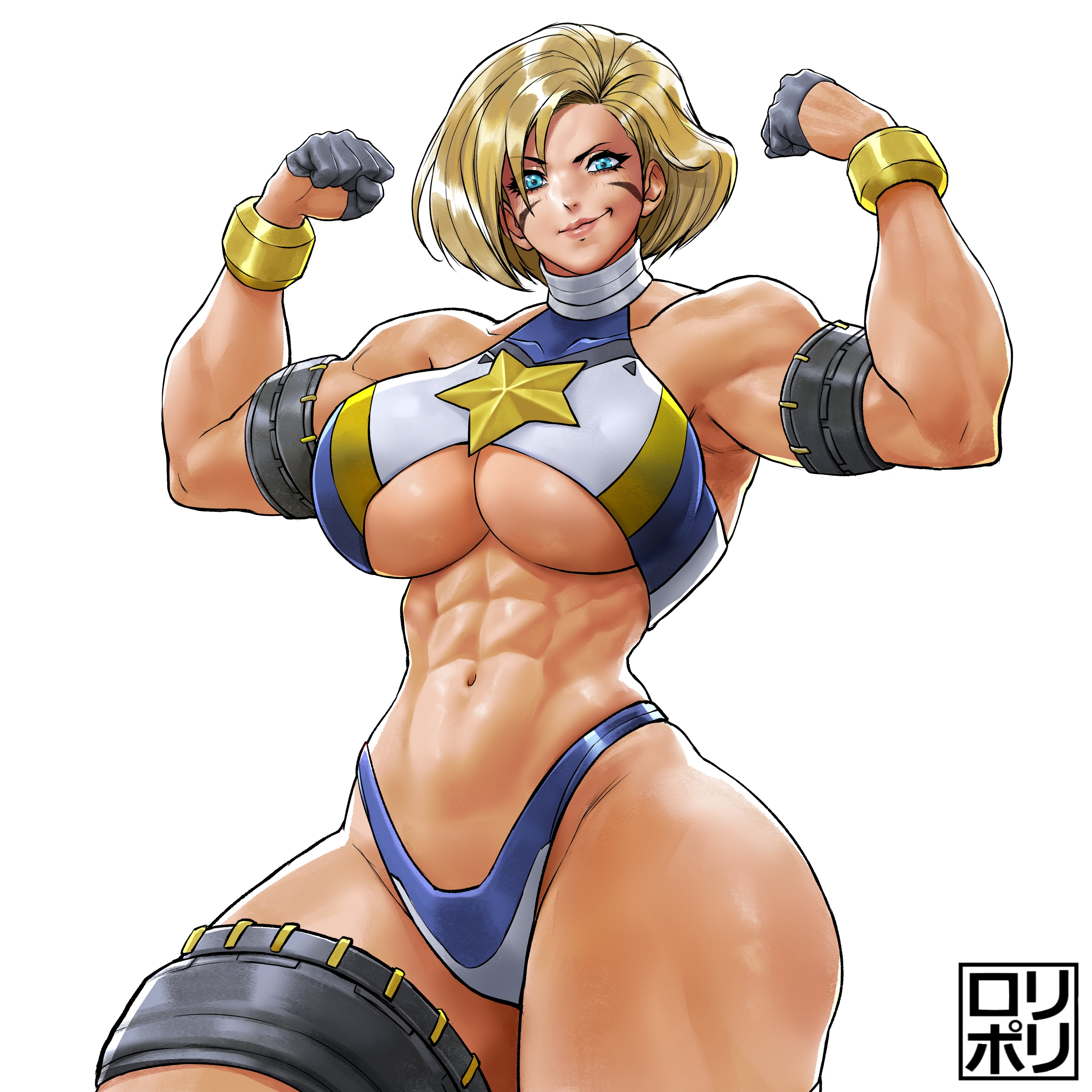 jamrolypoly, original, absurdres, commentary, english commentary, highres, 1girl, abs, armlet, armpits, arms up, blonde hair, blue eyes, bracelet, breasts, gloves, groin, half gloves, jewelry, large breasts, looking at viewer, muscular, muscular female, short hair, smile, solo, star (symbol), thick thighs, thighlet, thighs, thong, turtleneck bikini top, underboob, white background, wide hips, wrestling outfit