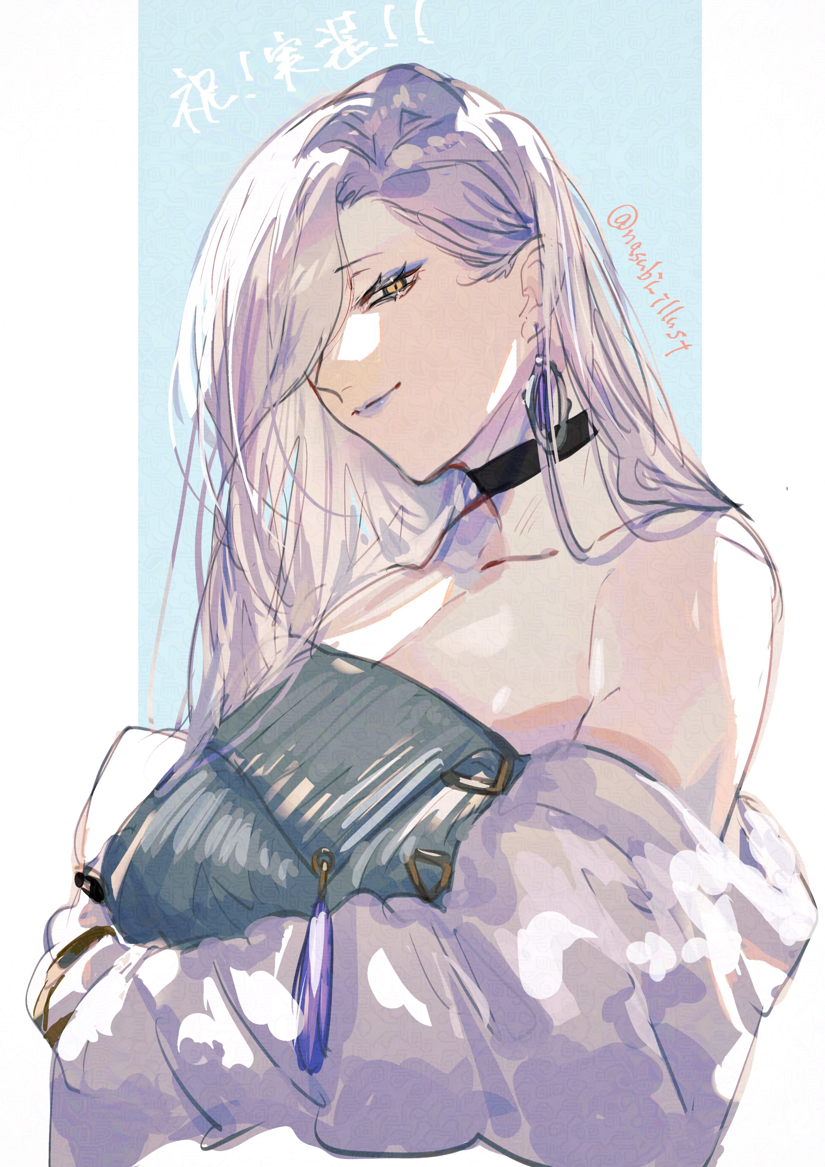 nasubi illust, mrs. snake (fate), fate/grand order, fate (series), absurdres, commentary request, highres, revision, 1girl, bare shoulders, blue lips, breasts, choker, cleavage, collarbone, dress, earrings, eyeliner, grey dress, hair over one eye, hoop earrings, jacket, jewelry, large breasts, long hair, long sleeves, looking at viewer, makeup, off shoulder, smile, solo, sweater, sweater dress, tassel, white hair, white jacket, yellow eyes