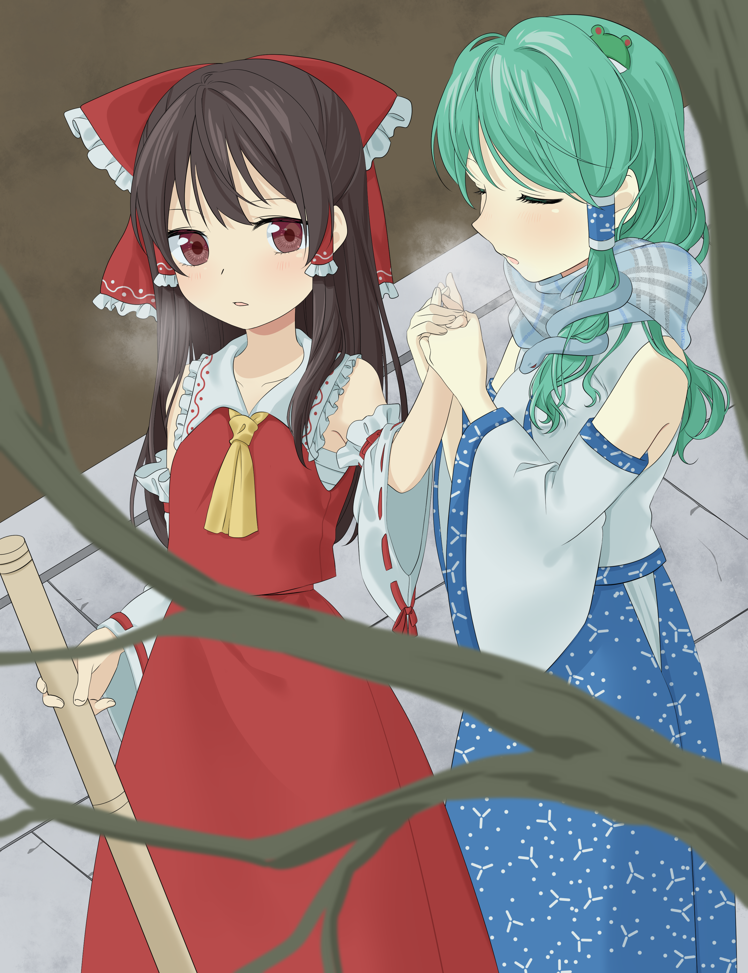 tsuno no hito, hakurei reimu, kochiya sanae, touhou, absurdres, commentary request, highres, 2girls, ascot, blue scarf, blue skirt, bow, breath, broom, brown eyes, brown hair, chest sarashi, cold, detached sleeves, frilled bow, frilled hair tubes, frills, frog hair ornament, green hair, hair bow, hair ornament, hair tubes, hand grab, holding, holding broom, long hair, multiple girls, red bow, red skirt, ribbon-trimmed sleeves, ribbon trim, sarashi, scarf, single hair tube, skirt, skirt set, snake hair ornament, yellow ascot, yuri