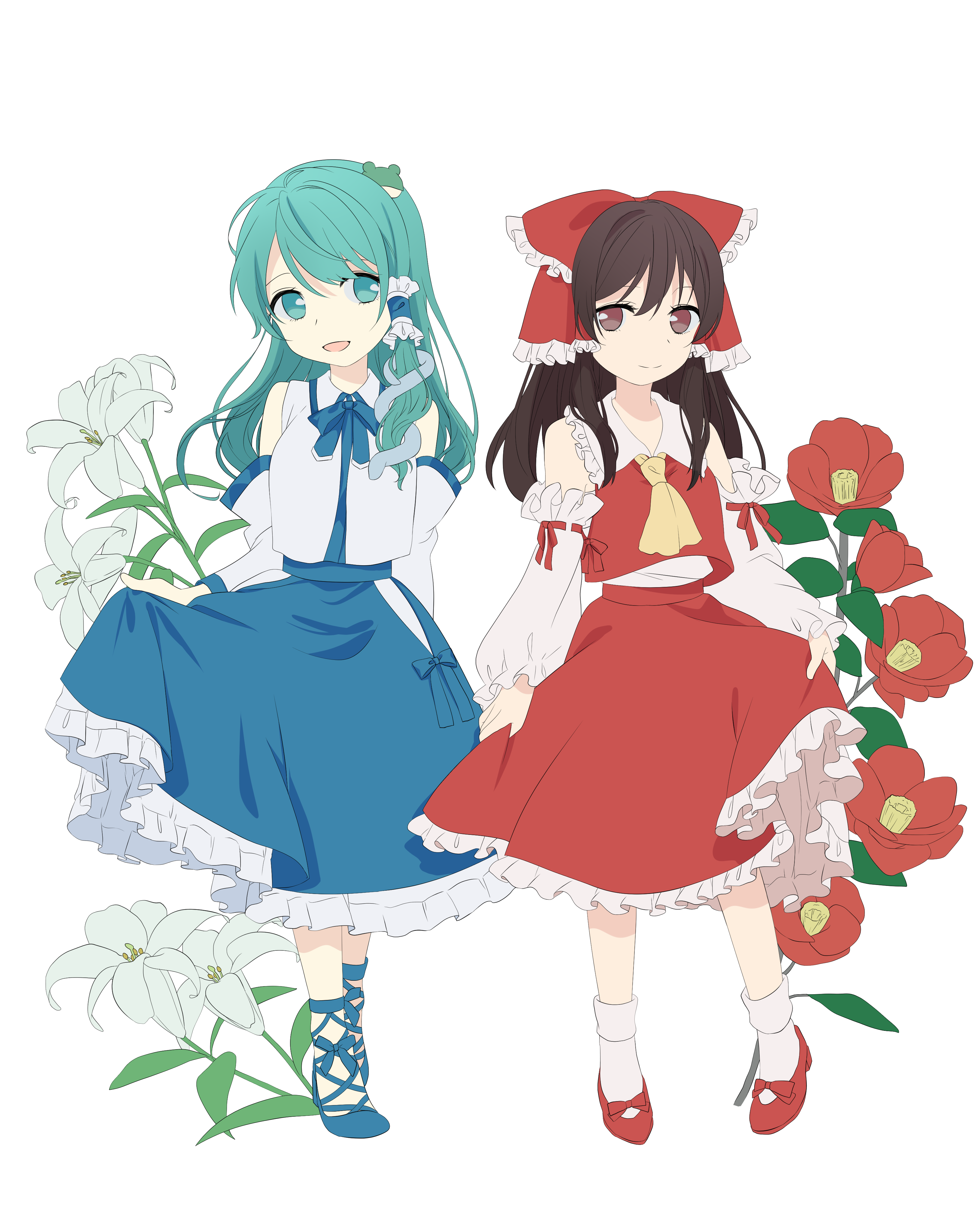 tsuno no hito, hakurei reimu, kochiya sanae, touhou, absurdres, commentary request, highres, 2girls, ascot, blue shoes, blue skirt, bow, brown eyes, brown hair, camellia, detached sleeves, flower, frilled bow, frilled hair tubes, frilled skirt, frills, frog hair ornament, full body, green eyes, green hair, hair bow, hair ornament, hair tubes, lily (flower), long hair, multiple girls, red bow, red flower, red shoes, red skirt, ribbon-trimmed sleeves, ribbon trim, shoes, simple background, single hair tube, skirt, skirt hold, skirt set, snake hair ornament, socks, white background, white flower, white lily, white socks, yellow ascot, yuri