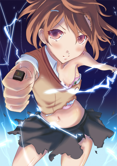 yukitarou, gekota, misaka mikoto, toaru kagaku no railgun, toaru majutsu no index, psychic, bad id, bad pixiv id, 1girl, action, aiming, aiming at viewer, attack, blush, brown eyes, brown hair, chocolate, electricity, electrokinesis, fantasy, feet out of frame, female focus, frog, gift, glowing, hair ornament, hairclip, holding, holding gift, incoming attack, incoming gift, light blush, midriff, navel, outstretched arms, railgun, school uniform, science fiction, solo, stomach, thighs, tokiwadai school uniform, torn clothes