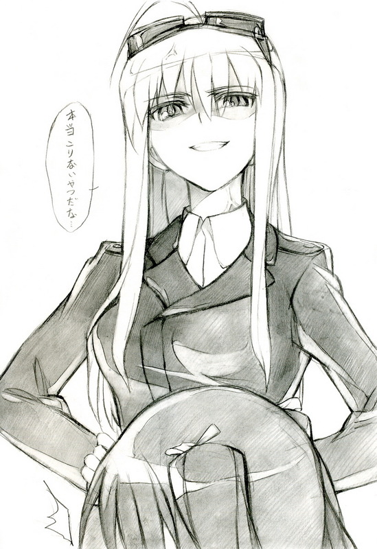 kisetsu, francesca lucchini, hanna-justina marseille, strike witches, witches of africa, world witches series, uniform, bad id, bad pixiv id, translated, 2girls, ahoge, angry, goggles, goggles on head, long hair, monochrome, multiple girls, twintails