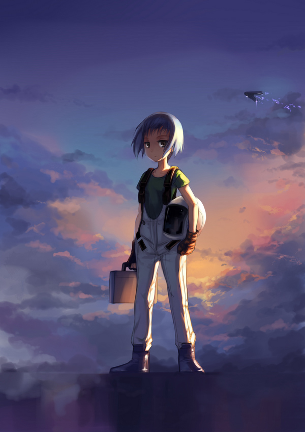 observerz, hirose rena, ace combat, ace combat 3, namco, bad id, bad pixiv id, blue hair, brown eyes, cloud, pilot, short hair, sky, solo, x49-night raven