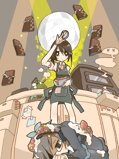 higashi (azm), hiyama kiyoteru, kaai yuki, disco chocolatheque (vocaloid), vocaloid, md5 mismatch, + +, 1boy, 1girl, apron, black hair, bowl, brown hair, brown theme, candy, chocolate, chocolate bar, chocolate making, cooking, couple, cream, food, fruit, glasses, headphones, hetero, kettle, kitchen, oekaki, short hair, star (symbol), strawberry, symbol-shaped pupils, tegaki, valentine, whisk
