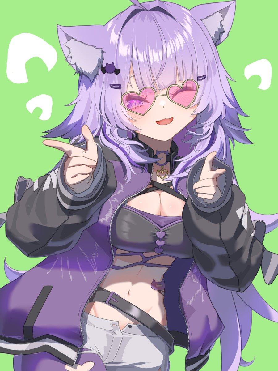 nekomata okayu, hololive, commentary request, highres, 1girl, :3, animal ear fluff, animal ears, black bra, bra, breasts, cat ears, cat girl, fangs, green background, jacket, large breasts, long hair, one eye closed, open clothes, open jacket, pantyhose, pantyhose under shorts, parted lips, pointing, pointing at viewer, purple eyes, purple hair, purple jacket, purple pantyhose, remynoue, shorts, smile, underwear, virtual youtuber, white shorts