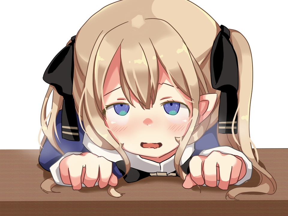 hikaru (sgst), ariel (oukoku no shugo tenshi), oukoku no shugo tenshi, game cg, large variant set, non-web source, variant set, 1girl, aftersex, black bow, blue dress, blue eyes, blush, bow, breath, brown hair, desk, dress, hair between eyes, heavy breathing, juliet sleeves, long hair, long sleeves, lying, on desk, on stomach, open mouth, pointy ears, portrait, puffy sleeves, rolling eyes, sidelocks, simple background, sitting, solo, tareme, transparent background, twintails, wavy mouth