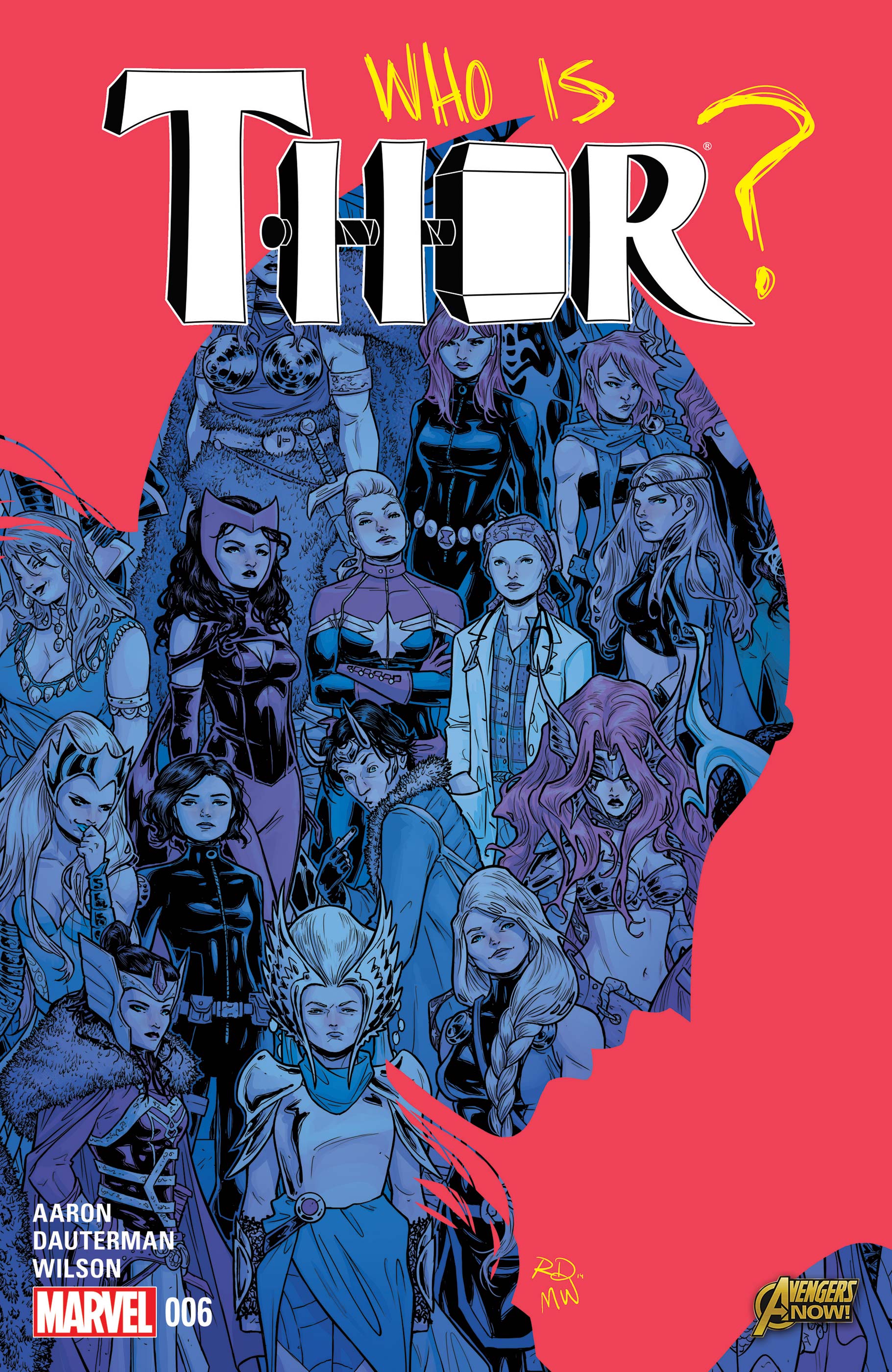 matt wilson, russell dauterman, angela (marvel), black widow, captain marvel, carol danvers, enchantress (marvel), hela (marvel), jane foster, loki (marvel), natasha romanoff, rogue (x-men), scarlet witch, sif (marvel), valkyrie (marvel), wanda maximoff, avengers (series), marvel, thor (marvel) (series), x-men, gold armlet, absurdres, character request, comic cover, highres, official art, 1boy, 6+girls, armlet, armor, atli wodendottir, aunt and niece, bandana, big hair, bikini armor, black bodysuit, black gloves, black hair, black nails, blonde hair, bodysuit, braid, breasts, brother and sister, brunnhilde (marvel), cape, character name, cleavage, cleavage cutout, clothing cutout, coat, company name, copyright logo, copyright name, cover, cover page, dress, dual persona, ellisiv wodendottir, english text, everyone, facepaint, fake horns, father and daughter, fingerless gloves, freyja (marvel), frigg wodendottir, fur-trimmed coat, fur cape, fur trim, gloves, grandmother and granddaughter, green dress, hildegarde (marvel), horned headwear, horns, jewelry, lab coat, large breasts, logo, lorelei (marvel), mature female, metal bra, midriff, mjolnir (marvel), mother and daughter, mother and son, multiple girls, muscular, muscular female, navel, orange hair, pants, pointing, pointing at self, red pants, red tiara, roz solomon, siblings, silhouette, sisters, stethoscope, stethoscope around neck, strapless, strapless dress, superhero costume, thor (jane foster), winged headwear