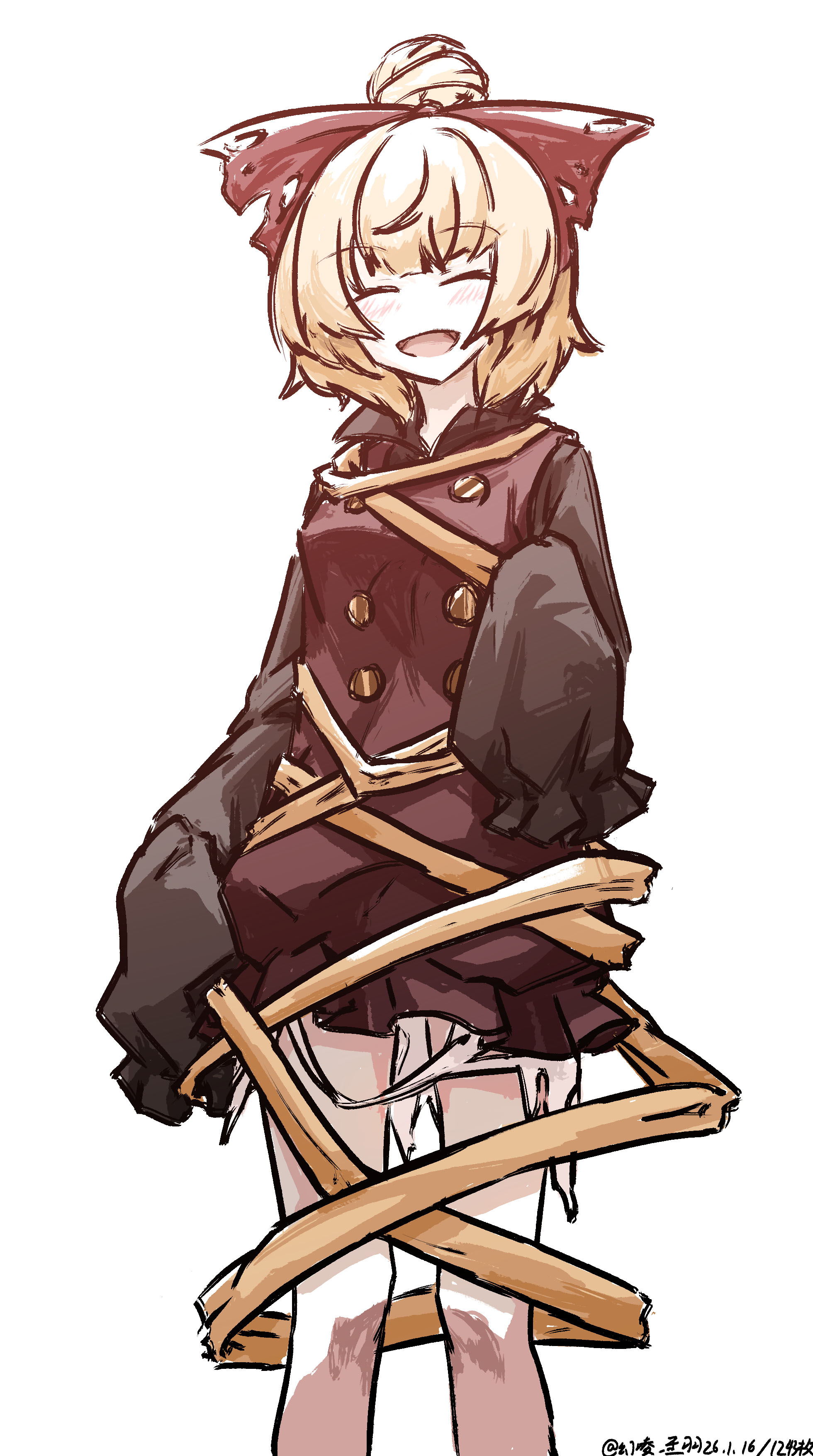 ve1024, kurodani yamame, touhou, absurdres, commentary request, highres, 1girl, blonde hair, bow, brown dress, closed eyes, dated, dress, facing viewer, hair bow, hair bun, long sleeves, one-hour drawing challenge, open mouth, short hair, simple background, sleeves past fingers, sleeves past wrists, solo, white background