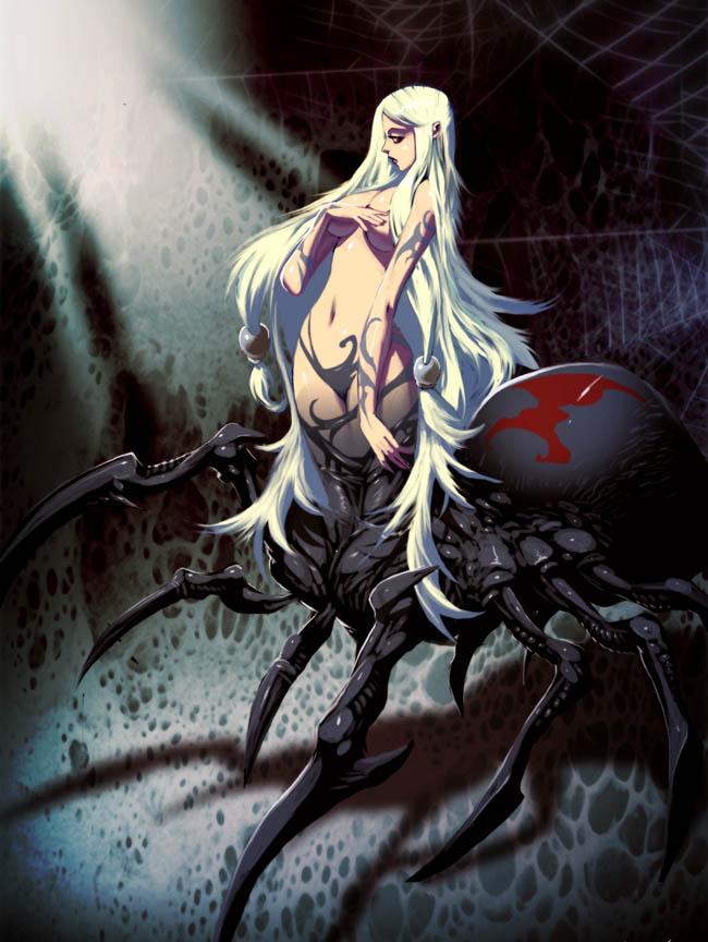 genzoman, original, silver hair, duplicate, arachne, long hair, monster girl, no bra, spider web