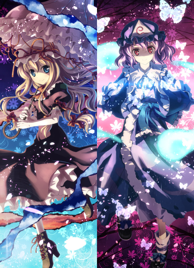 yuuki tatsuya, saigyouji yuyuko, yakumo yukari, touhou, 2girls, blonde hair, blue eyes, bug, butterfly, elbow gloves, female focus, gap (touhou), gloves, hat, hitodama, long hair, magic, multiple girls, petals, pink hair, red eyes, short hair, smile, umbrella