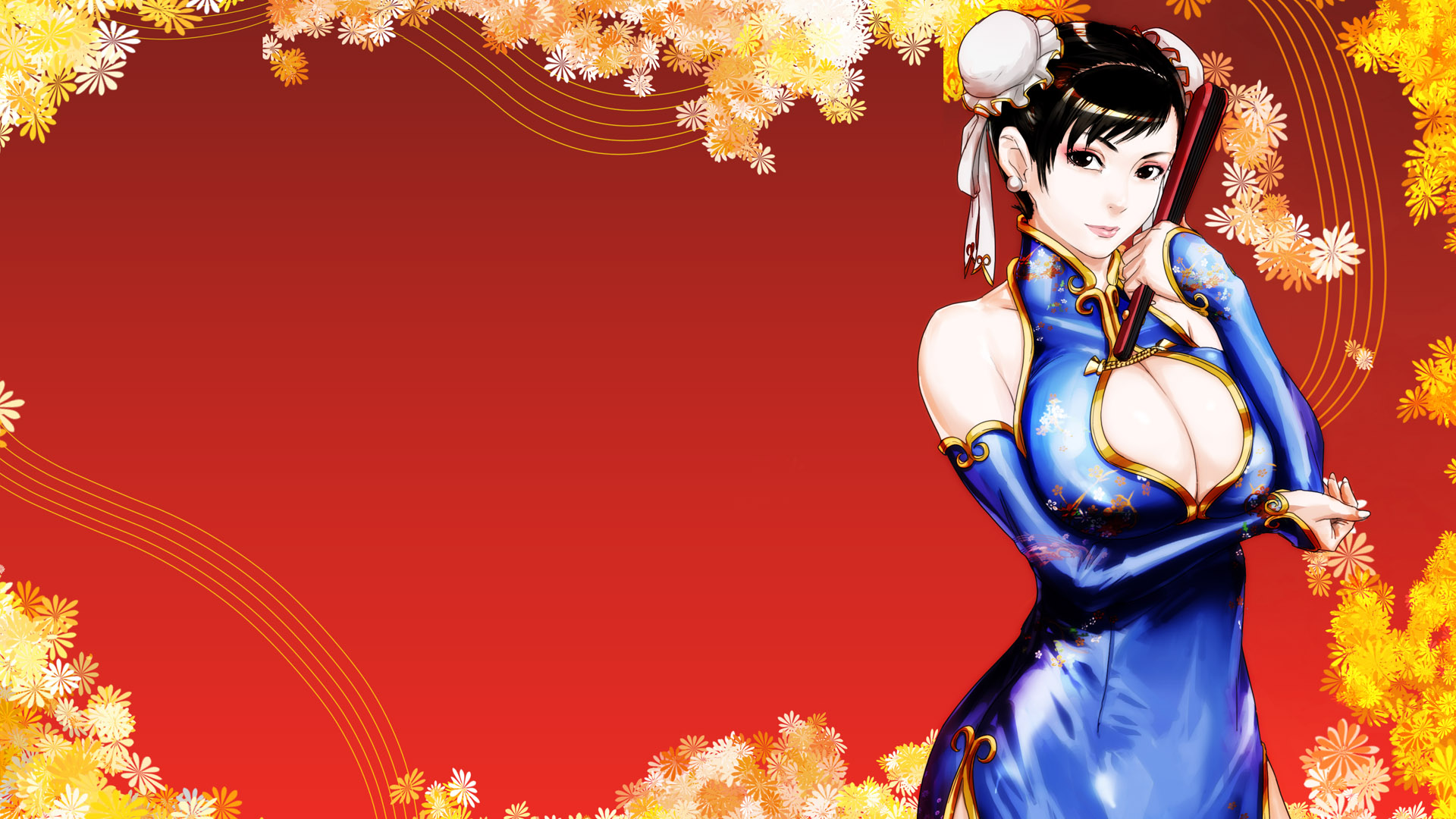 usatarou, chun-li, capcom, street fighter, highres, 1girl, bare shoulders, black eyes, black hair, breasts, bridal gauntlets, bun cover, china dress, chinese clothes, cleavage, cleavage cutout, clothing cutout, contrapposto, curvy, detached sleeves, double bun, dress, earrings, eyeshadow, female focus, fingernails, folded fan, folding fan, hair bun, hand fan, holding, holding fan, huge breasts, jewelry, lips, lipstick, makeup, nail (hardware), side slit, solo, standing
