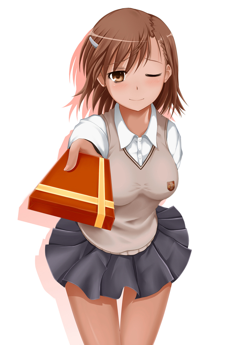 arakia (m hanbaisho), misaka mikoto, toaru kagaku no railgun, toaru majutsu no index, 1girl, brown eyes, brown hair, female focus, foreshortening, gift, holding, holding gift, incoming gift, one eye closed, school uniform, short hair, solo, sweater vest, valentine, wink