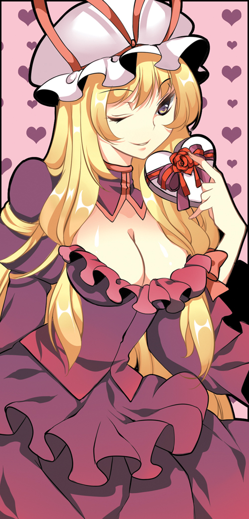 roh nam kyung, yakumo yukari, touhou, bad id, bad pixiv id, 1girl, blonde hair, breasts, cleavage, dress, female focus, hat, heart, large breasts, one eye closed, solo, valentine, wink