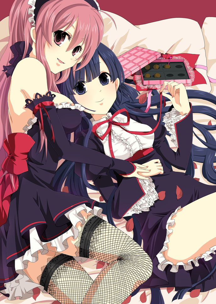 hiiro (kikokico), kiko, original, bad id, bad pixiv id, 2girls, blue eyes, blue hair, chocolate, detached sleeves, fishnets, hairband, long hair, multiple girls, petals, pillow, pink eyes, pink hair, ribbon, smile, thighhighs