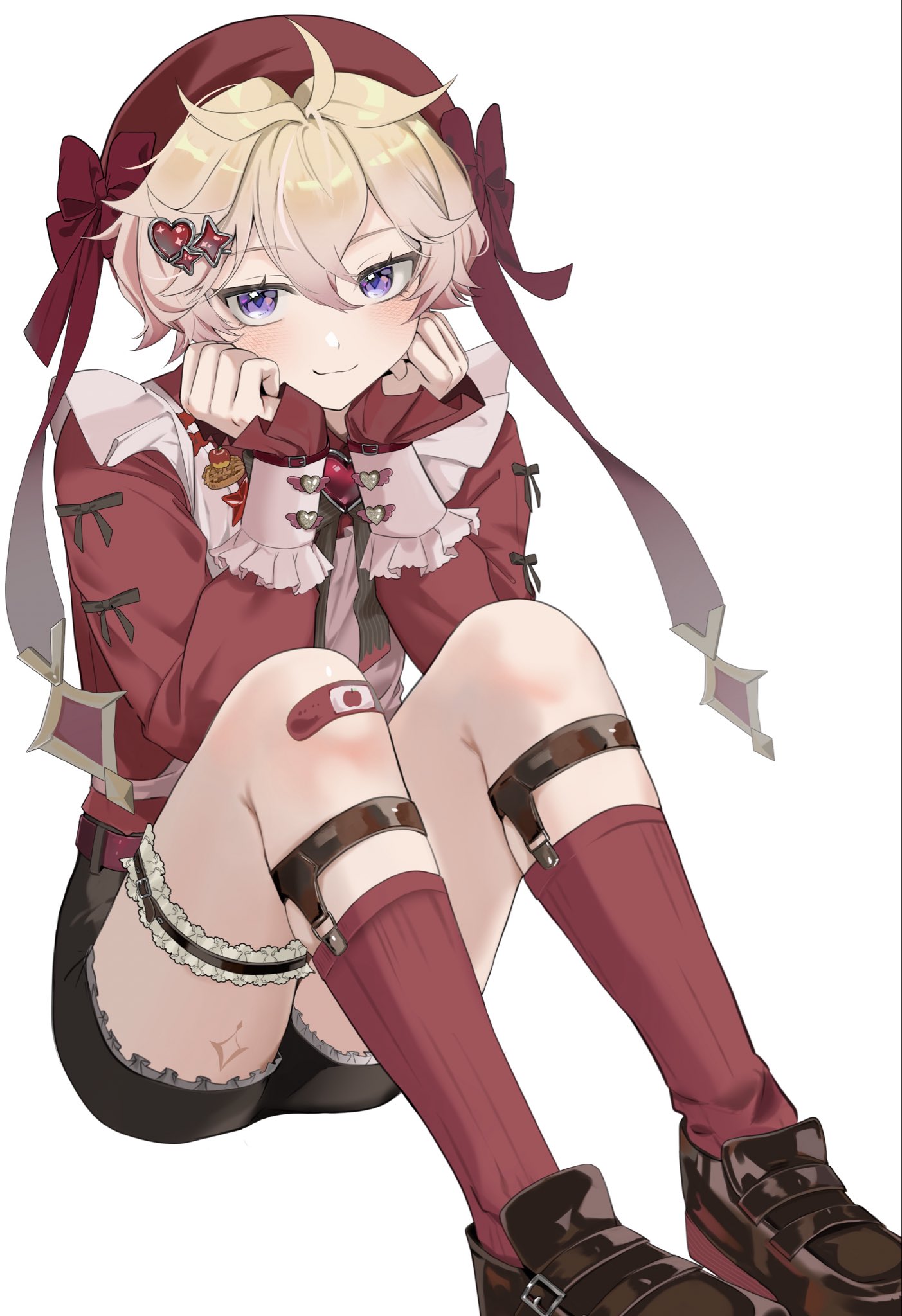 sahi00000, dahlia (genshin impact), genshin impact, commentary request, highres, 1boy, bandaid, bandaid on leg, black shorts, blonde hair, brown shoes, closed mouth, hair ornament, hat, heart, heart hair ornament, long sleeves, male focus, purple eyes, red hat, red shirt, red socks, shirt, shoes, short hair, shorts, smile, socks, solo, star (symbol), star hair ornament, thigh strap, white background