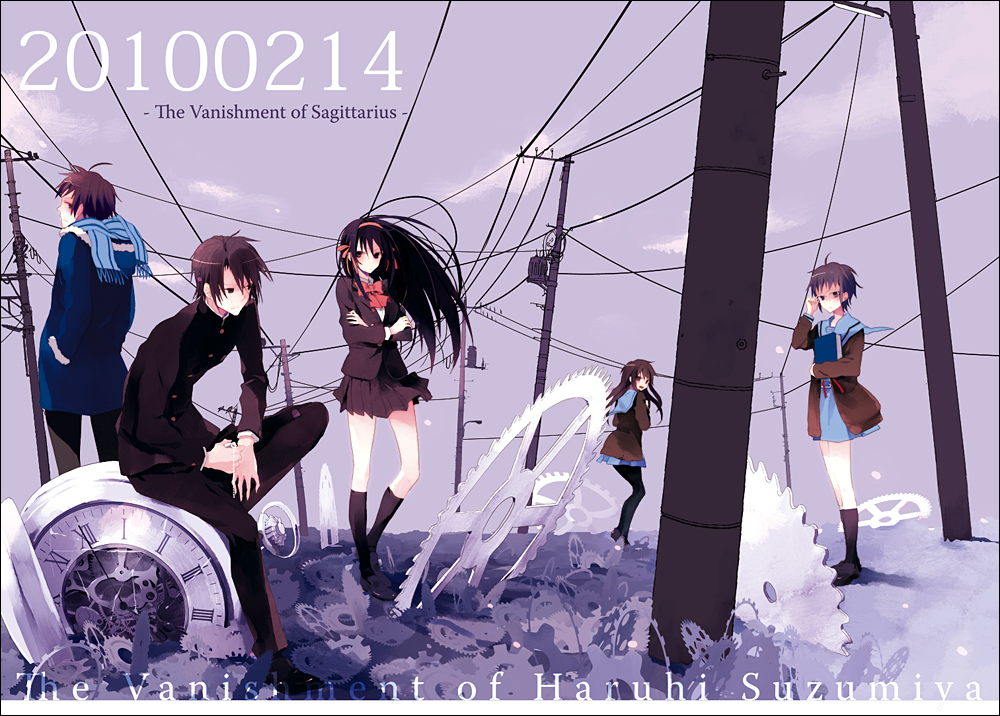 hagiri, asahina mikuru, koizumi itsuki, kyon, nagato yuki, suzumiya haruhi, suzumiya haruhi no shoushitsu, suzumiya haruhi no yuuutsu, 10s, 2boys, 3girls, alternate costume, alternate hairstyle, blouse, book, clock, gears, kouyouen academy school uniform, multiple boys, multiple girls, official alternate hair length, official alternate hairstyle, pantyhose, power lines, school uniform, serafuku, shirt, white shirt