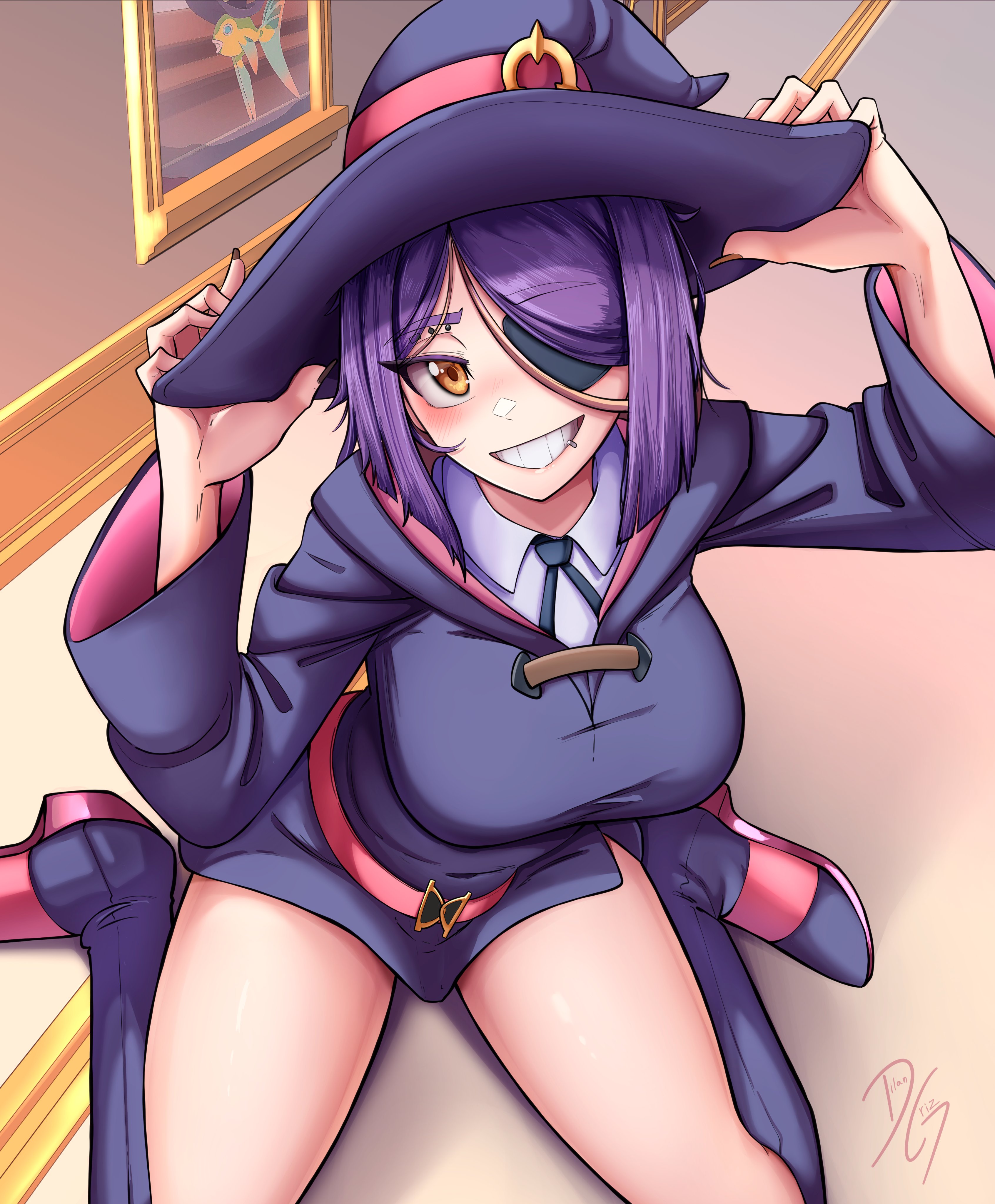 dilan griz, queen (dilan griz), little witch academia, original, absurdres, commentary, english commentary, highres, 1girl, adjusting clothes, adjusting headwear, blue boots, blue dress, blue hat, boots, breasts, brown streaks, dress, eyebrow piercing, eyepatch, face piercing, grin, hat, knee boots, knees out of frame, large breasts, lip piercing, long hair, long sleeves, looking at viewer, luna nova school uniform, medium hair, multicolored hair, one eye covered, orange eyes, parted bangs, piercing, purple hair, school uniform, short dress, sitting, smile, solo, streaked hair, wariza, witch hat