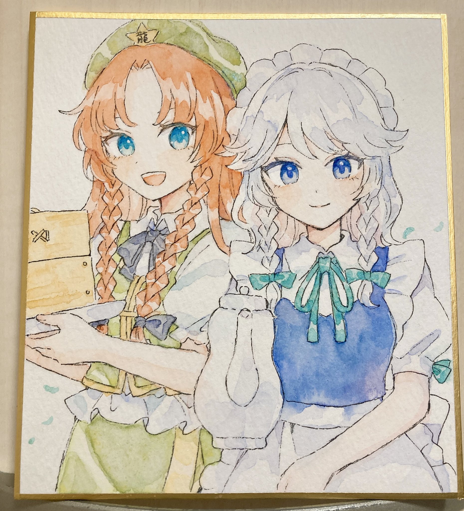 mozukuzu (manukedori), hong meiling, izayoi sakuya, touhou, commentary, highres, photo (medium), traditional media, 2girls, apron, beret, black bow, blue dress, blue eyes, bow, braid, closed mouth, collared shirt, dress, green bow, green hat, green vest, grey hair, hat, hat ornament, holding, holding teapot, long hair, maid, maid headdress, multiple girls, puffy short sleeves, puffy sleeves, red hair, shirt, short sleeves, smile, star (symbol), star hat ornament, teapot, twin braids, vest, waist apron, white apron, white shirt