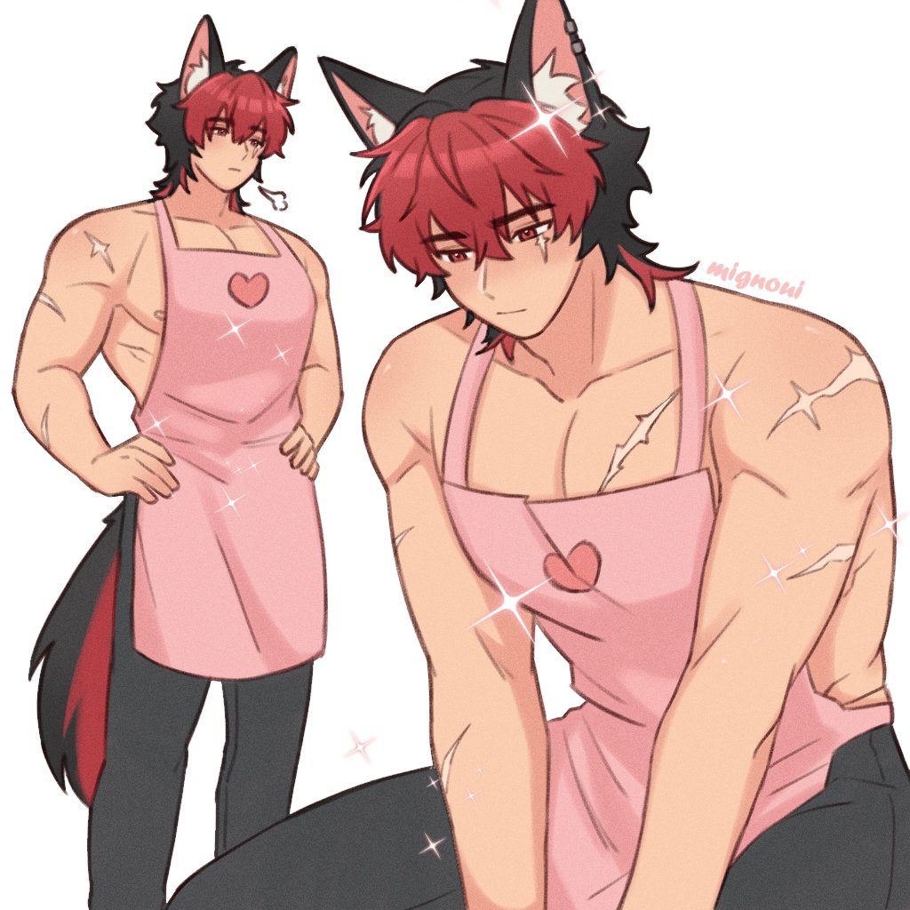 komano manato, zenless zone zero, commentary, english commentary, 1boy, animal ear piercing, animal ears, apron, black pants, dog boy, dog ears, dog tail, male focus, mignoui, muscular, muscular male, pants, pectoral cleavage, pectorals, pink apron, scar, scar on arm, scar on chest, scar on face, tail