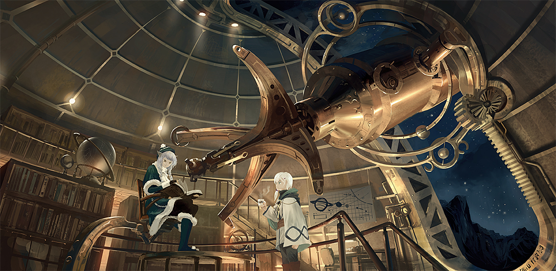 noba, pixiv fantasia, pixiv fantasia 4, 1boy, 1girl, animal ears, armchair, blue eyes, book, bookshelf, boots, brown eyes, cat ears, chair, cup, disposable cup, fingerless gloves, fur trim, gears, globe, gloves, hat, holding, holding book, holding cup, hood, hood down, indoors, long sleeves, mountain, mug, night, open book, planetarium, poster (object), reading, robe, sash, scenery, sitting, sky, standing, star (sky), star (symbol), starry sky, steam, telescope, white hair