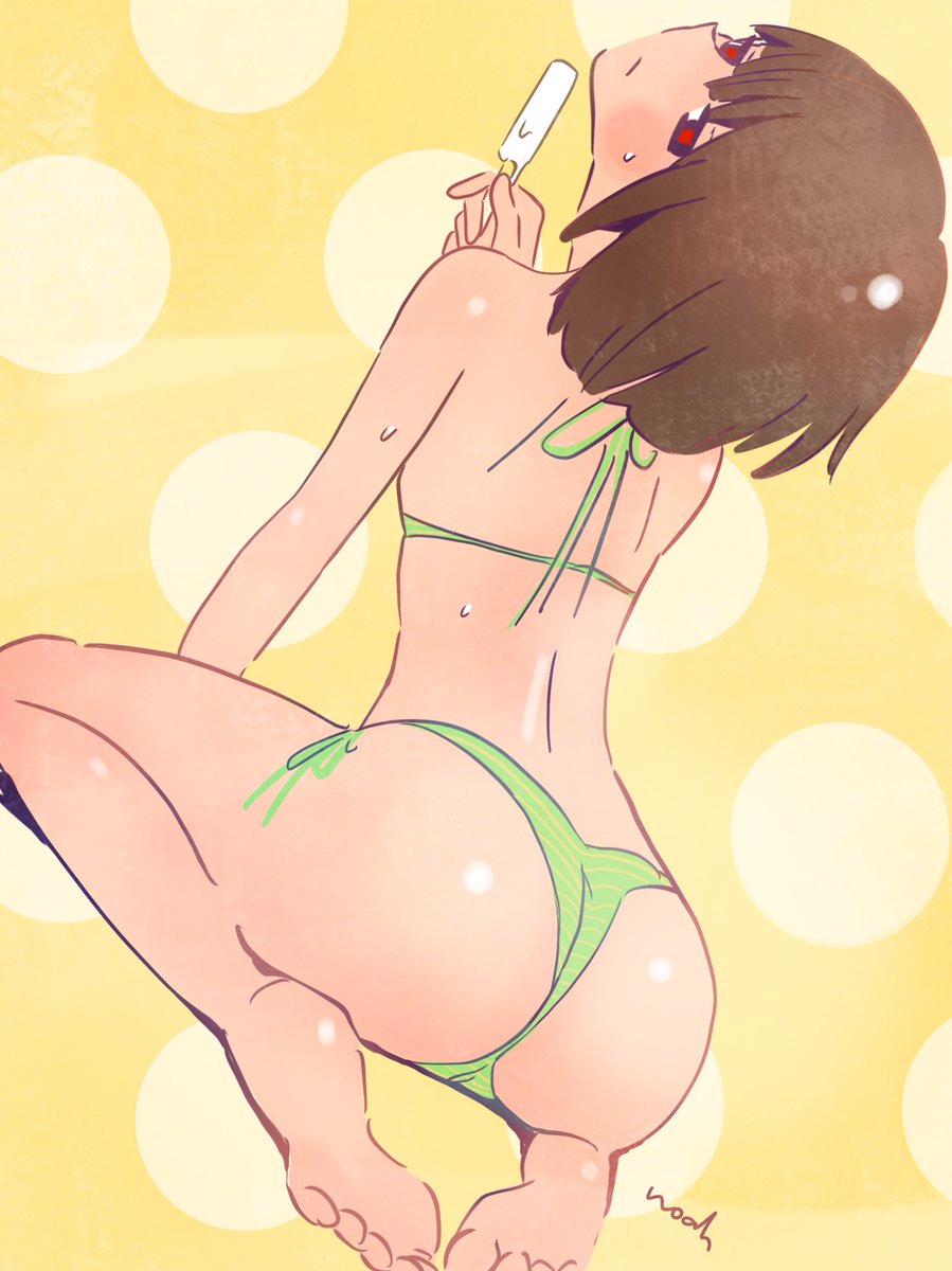 noah (tettsui-sole), chara (undertale), undertale, utdr (toby fox), highres, 1girl, ass, bikini, blush, bob cut, brown hair, feet, food, green bikini, green panties, holding, holding food, holding ice cream, ice cream, looking back, panties, red eyes, shiny skin, sitting, striped clothes, swimsuit, underwear, wariza, yellow background
