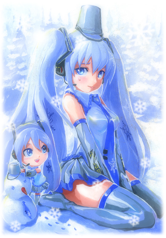 mayo riyo, chibi miku (mayo riyo), hatsune miku, yuki miku, vocaloid, bad id, bad pixiv id, blue eyes, blue hair, boots, bucket, detached sleeves, hat, long hair, patterned, sitting, snow, snowman, thigh boots, thighhighs, very long hair, zettai ryouiki