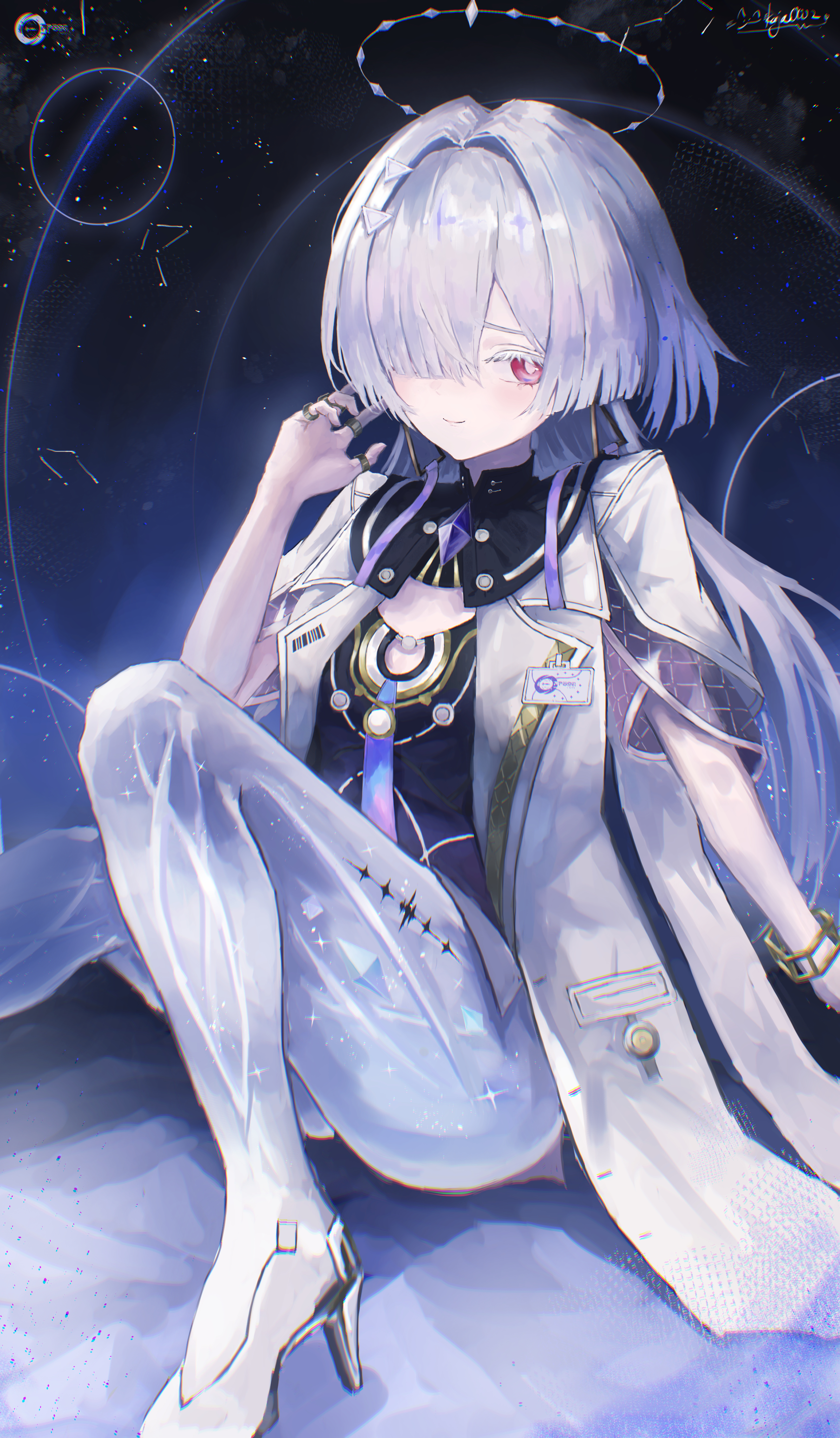 k4ja0002, mornye (wuthering waves), wuthering waves, absurdres, commentary, highres, 1girl, breasts, chromatic aberration, closed mouth, colored eyelashes, constellation, dress, earrings, grey hair, hair intakes, hair over one eye, halo, hand up, high heels, id card, jacket, jewelry, knees up, long hair, looking at viewer, purple dress, red eyes, see-through body, sitting, sky, small breasts, smile, solo, star (sky), starry sky, tacet mark (wuthering waves), triangle earrings, white jacket
