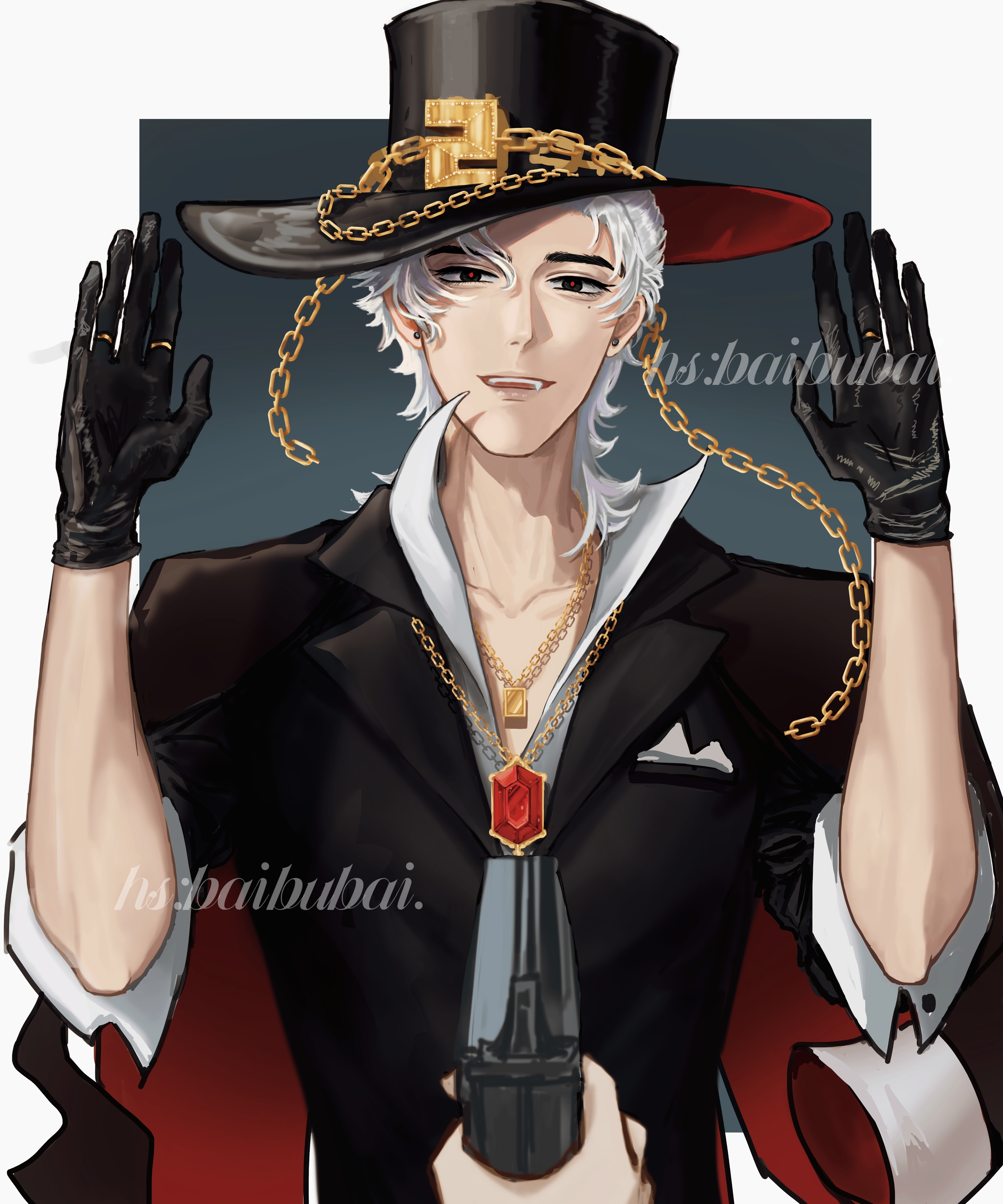 henry stickmin, henry stickmin (series), absurdres, chinese commentary, commentary request, highres, 1boy, 1other, :d, aegyo sal, animification, at gunpoint, black eyes, black gloves, black hat, black jacket, border, bright pupils, chain, chain necklace, collarbone, collared shirt, earrings, fang, gem, gloves, gold necklace, gold ring, grey background, gun, hair between eyes, handgun, hands up, hat, holding, holding gun, holding weapon, jacket, jewelry, laobaibaibaibai, layered sleeves, lofter username, male focus, medium hair, mole, mole under eye, necklace, open mouth, outside border, pov, pov hands, red gemstone, red pupils, ring, shirt, simple background, smile, solo focus, straight-on, stud earrings, teeth, thick eyebrows, three-quarter sleeves, top hat, upper body, upper teeth only, weapon, white border, white hair, white shirt