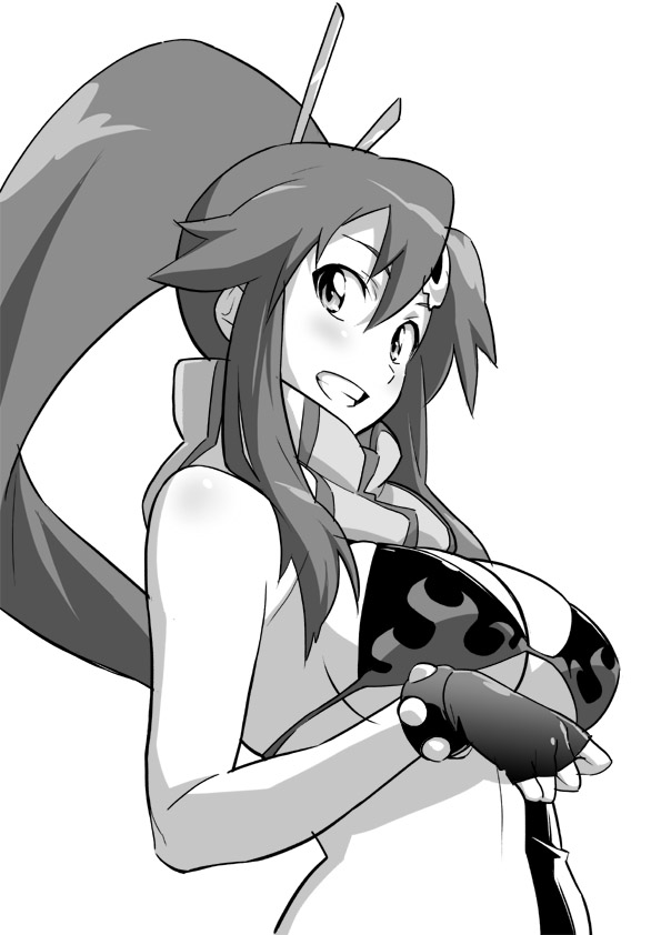 choobackers32, yoko littner, tengen toppa gurren lagann, 00s, 1girl, bikini, bikini top only, bracelet, breasts, cleavage, female focus, gloves, greyscale, jewelry, monochrome, solo, studded bracelet, swimsuit