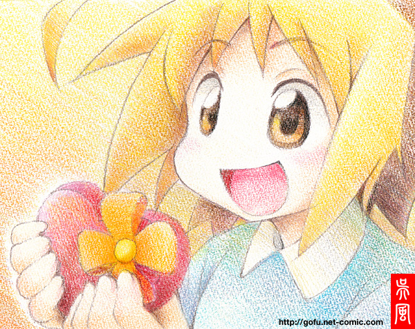 gofu, anzu (hanamaru youchien), hanamaru youchien, crayon (medium), traditional media, 1girl, child, colored bangs, female focus, gift, heart, holding, holding gift, kindergarten, kindergarten uniform, solo, valentine