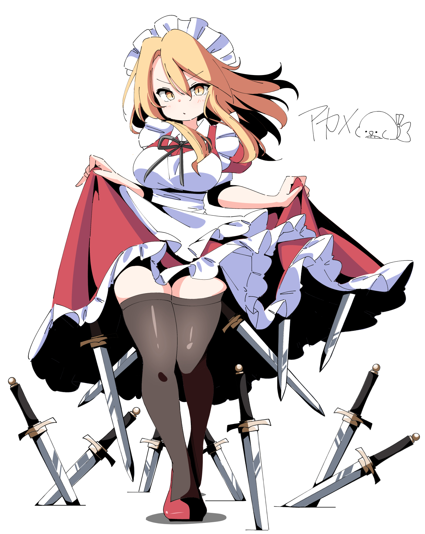 akame00, yumeko (touhou), touhou, touhou (pc-98), commentary request, highres, apron, blonde hair, dress, frills, long hair, maid, maid apron, maid headdress, puffy short sleeves, puffy sleeves, red dress, red shoes, ribbon, shoes, short sleeves, solo, sword, thighhighs, weapon, white apron, yellow eyes