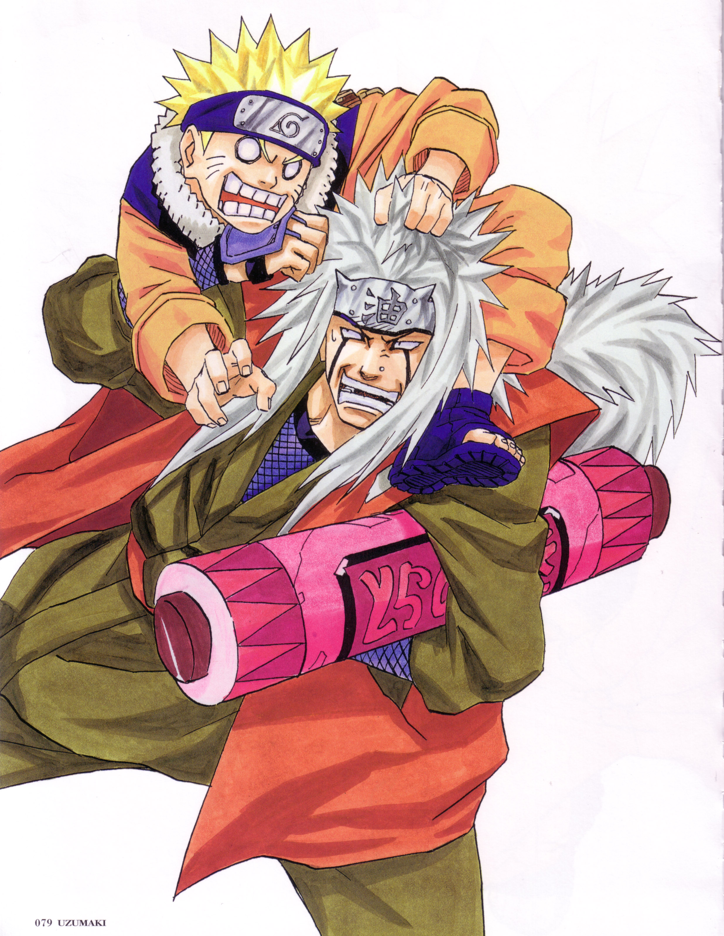 kishimoto masashi, jiraiya (naruto), uzumaki naruto, naruto (classic), naruto (series), absurdres, highres, official art, 2boys, blonde hair, blue boots, boots, forehead protector, jacket, konohagakure symbol, long hair, multiple boys, open-toe boots, open mouth, orange jacket, orange pants, pants, short hair, simple background, teeth, white background
