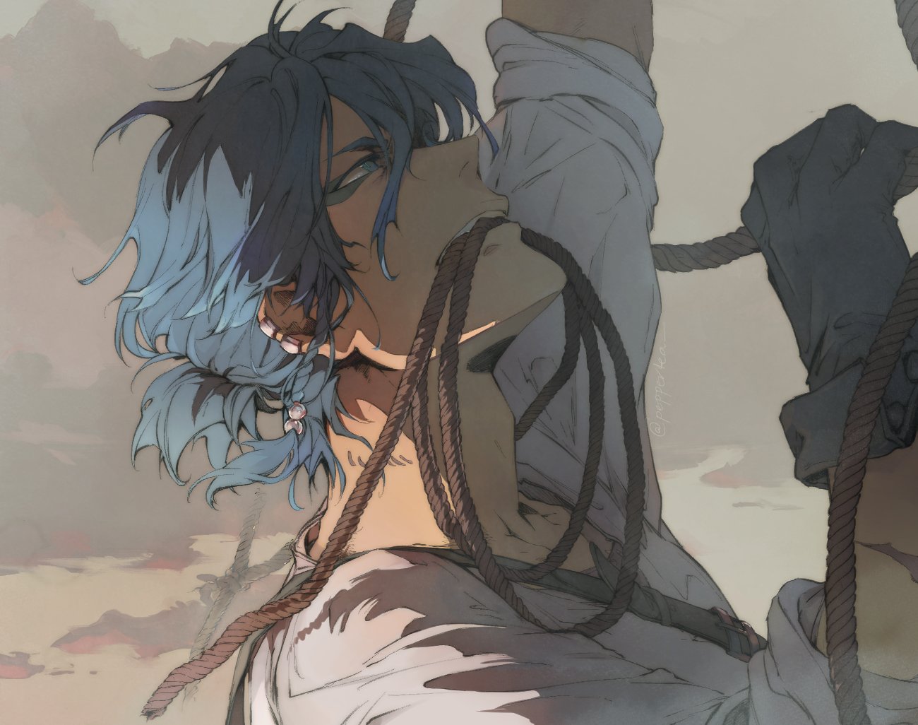 peppertea, grimmjow jaegerjaquez, bleach, commentary, english commentary, 1boy, adam's apple, alternate costume, alternate hairstyle, arm up, blue eyeliner, blue eyes, blue hair, braid, cloud, earclip, eyeliner, from side, gloves, looking up, makeup, male focus, mouth hold, ponytail, rope, shirt, short hair, short ponytail, single braid, sky, twitter username, white gloves, white shirt