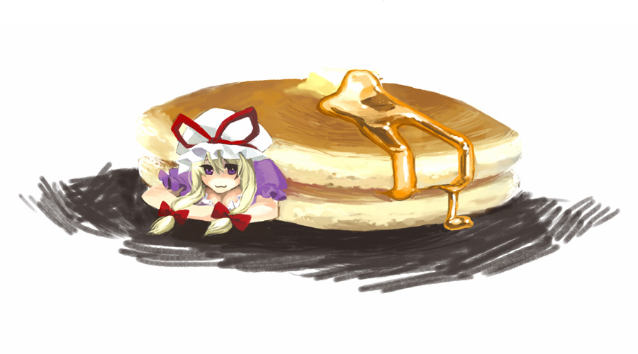 kayako (tdxxxk), yakumo yukari, touhou, bad id, bad pixiv id, 1girl, :3, blonde hair, bow, female focus, food, hair bow, hat, in food, mini person, minigirl, pancake, purple eyes, solo