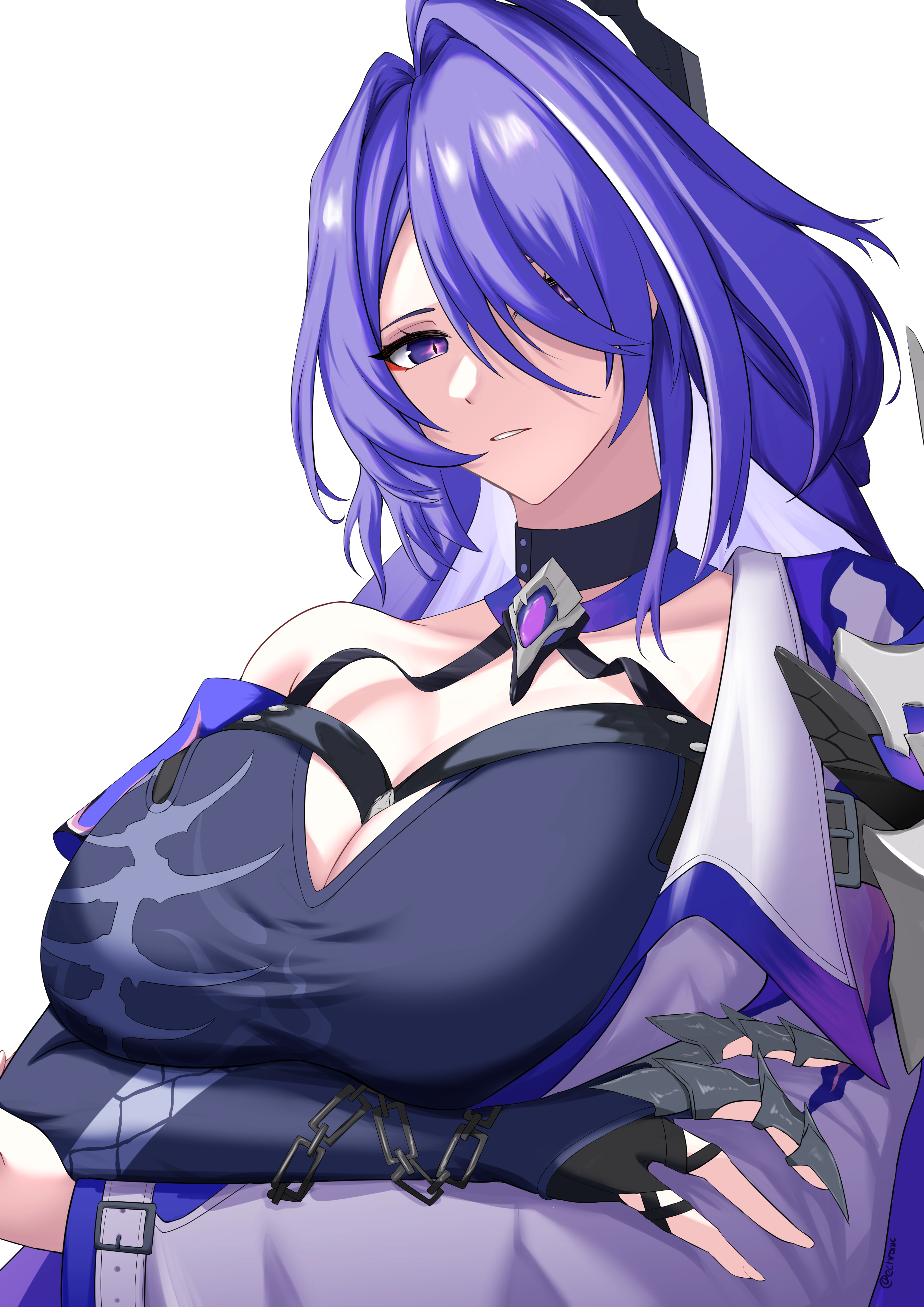 echronic20, acheron (honkai: star rail), honkai: star rail, honkai (series), absurdres, highres, mixed-language commentary, 1girl, breasts, buckle, chain, choker, claws, cleavage, crop top, crossed arms, eyeliner, hair ornament, hair over one eye, huge breasts, long hair, makeup, open clothes, purple eyes, purple hair, red eyeliner, single bare shoulder, snake print, strap, symbol-shaped pupils, white streaks
