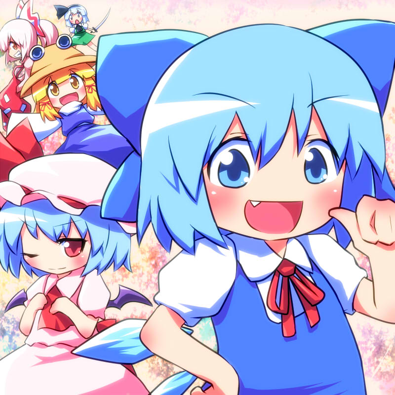 ayakashi (monkeypanch), cirno, fujiwara no mokou, konpaku youmu, moriya suwako, remilia scarlet, touhou, bad id, bad pixiv id, 5girls, blonde hair, blue eyes, blue hair, bow, fang, hair bow, hair ribbon, hairband, hat, katana, multiple girls, one eye closed, red eyes, ribbon, short hair, suspenders, sword, weapon, white hair, wings, wink, yellow eyes
