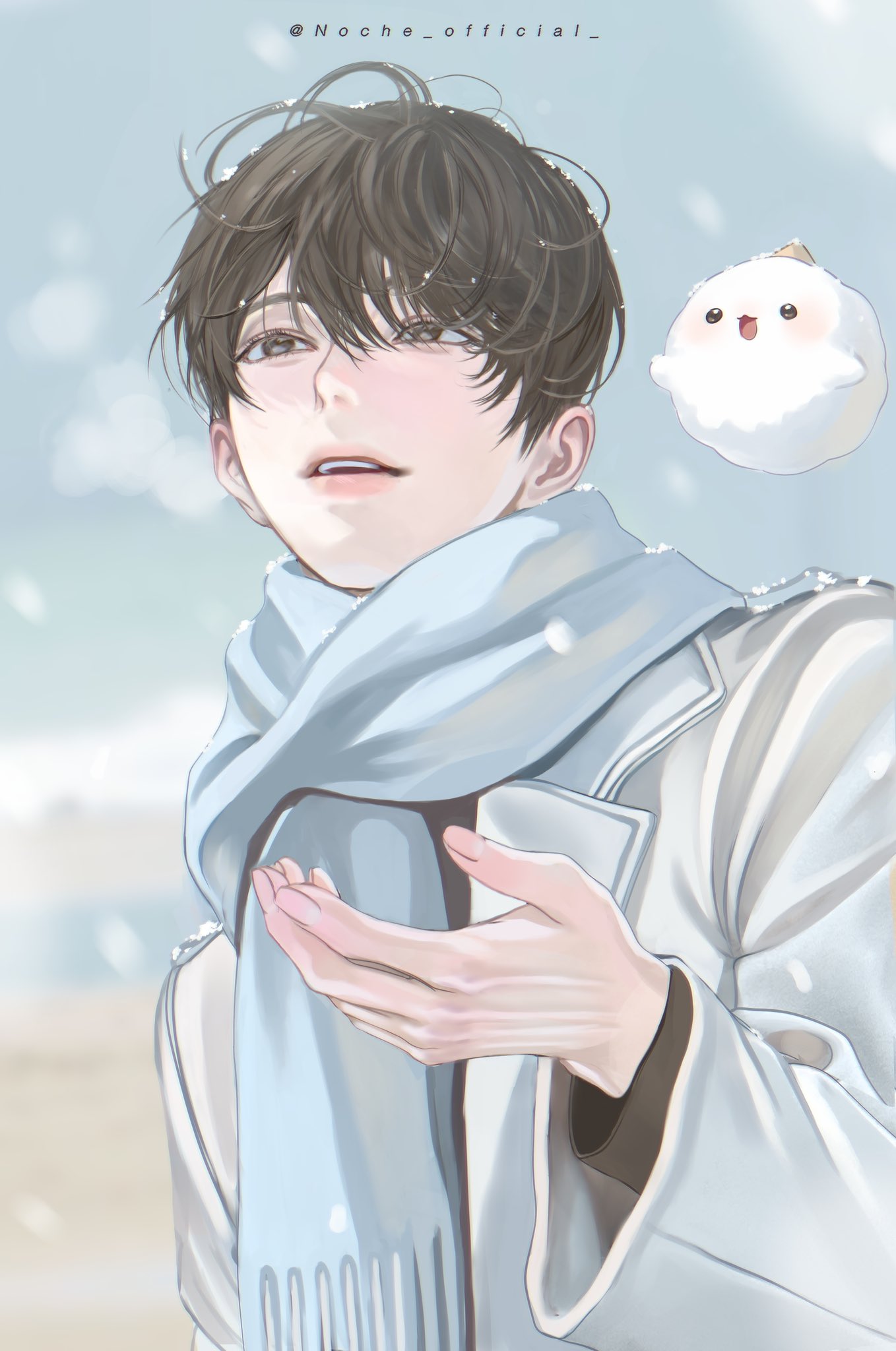 noche official, biyoo (omniscient reader's viewpoint), kim dokja, omniscient reader's viewpoint, commentary request, highres, korean commentary, 1boy, :d, black eyes, black hair, black shirt, breath, coat, fringe trim, hair between eyes, hand up, male focus, open clothes, open coat, open mouth, outdoors, parted lips, scarf, shirt, short hair, smile, snow, snowing, teeth, upper body, upper teeth only, white coat