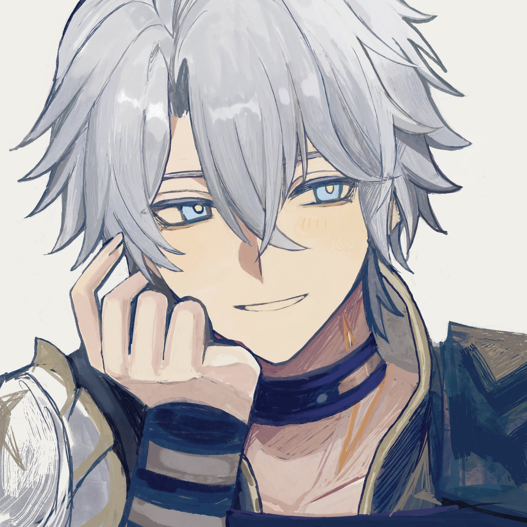 phainon (honkai: star rail), honkai: star rail, honkai (series), commentary request, highres, 1boy, antenna hair, armor, black choker, black shirt, blue eyes, blush, choker, male focus, neck tattoo, parted bangs, pauldrons, shirt, short hair, shoulder armor, single pauldron, solo, st mf, sun symbol, sun tattoo, tan, tattoo, white hair